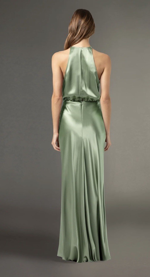 Michelle Mason Green Silk Satin V-Neck Sleeveless Maxi Dress Zip Closure 4