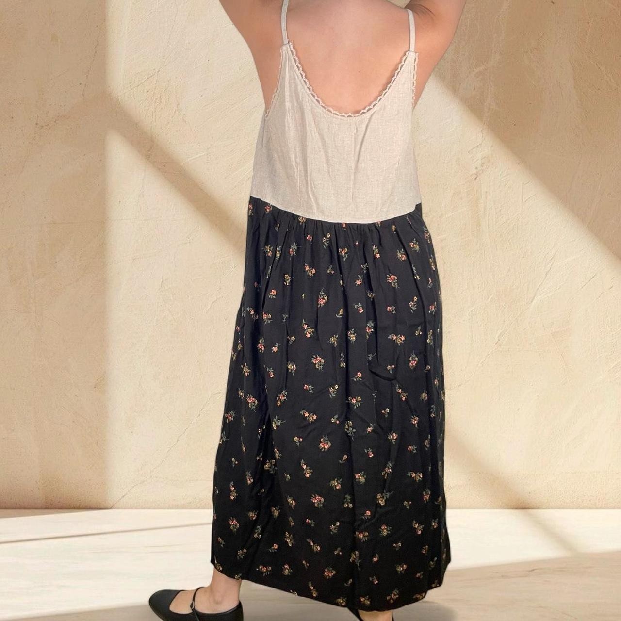 Vintage 90s Cream Black Floral Boho Sleeveless Maxi Dress Cottagecore Size M