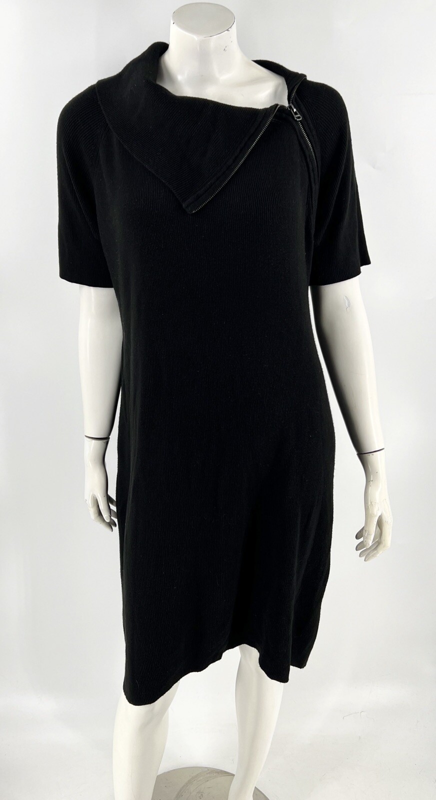 Calvin Klein Sweater Dress Size XL Black Zipper Fold Over Collar Half Sleeve