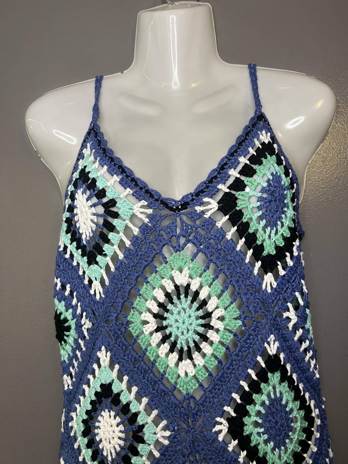 Elan Dress Womens Large Blue Crochet Granny Square Maxi Fringe Sundress Boho