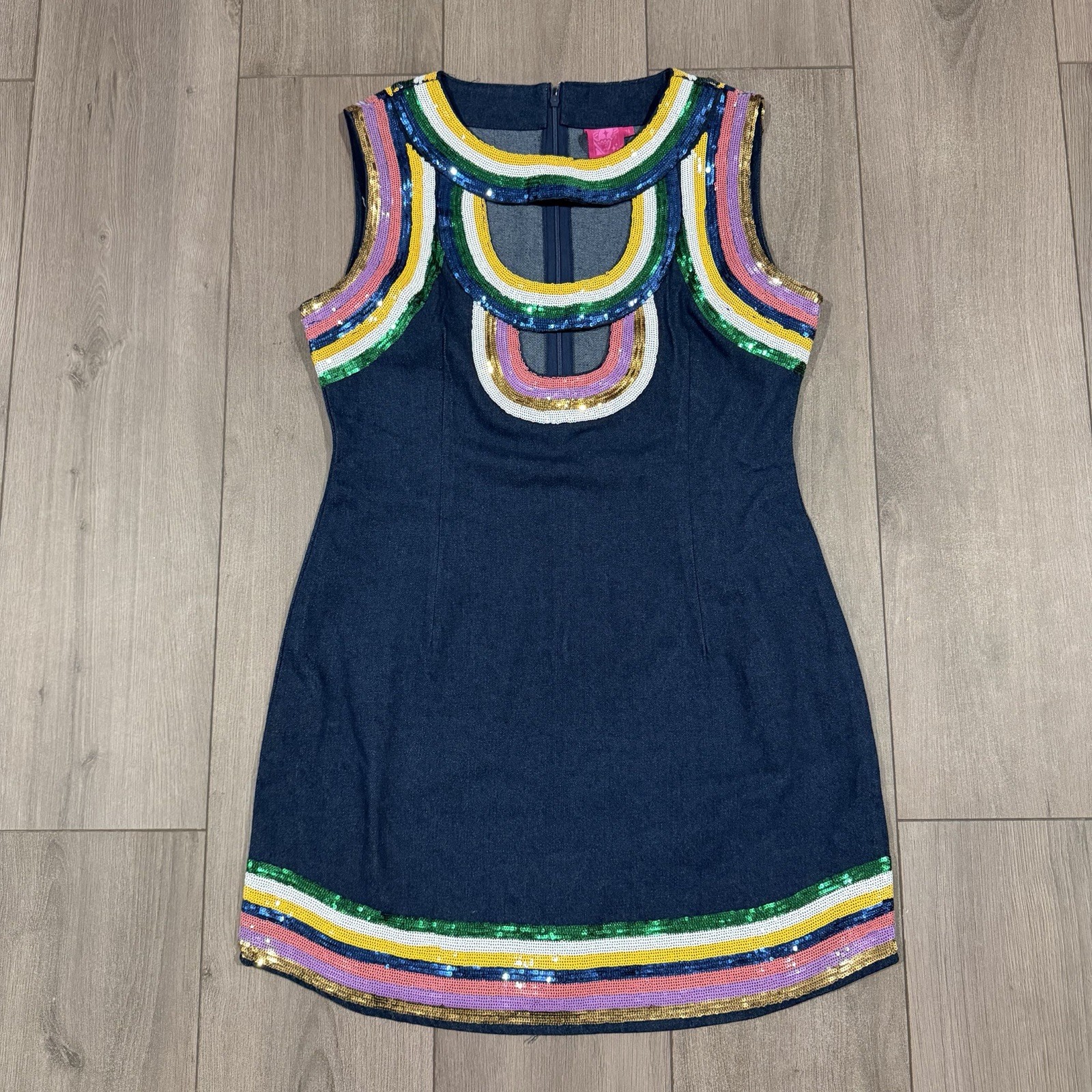 Queen Of Sparkles Rainbow Sequin Trim Denim Cut Out Dress Med Retro Skating