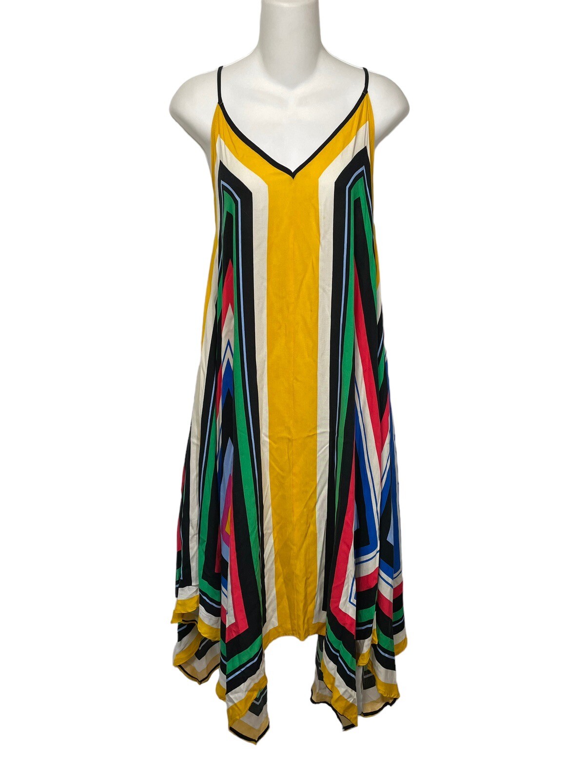 Jealous Tomato Dress Medium Bold Multicolor Rayon Handkerchief Hem Maxi Sundress