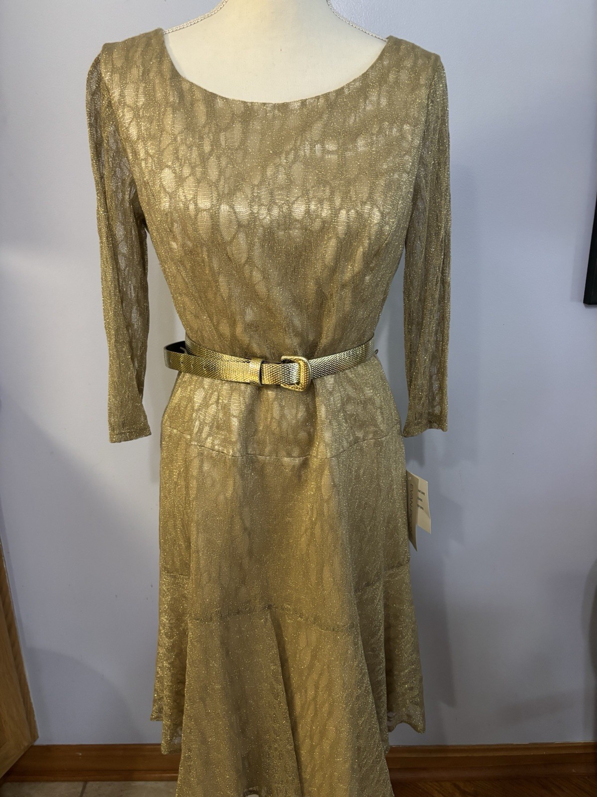 Evan Picone Women’s Gold Sparkle Dress with Lining 3/4 Sleeves Size 10 NWT New