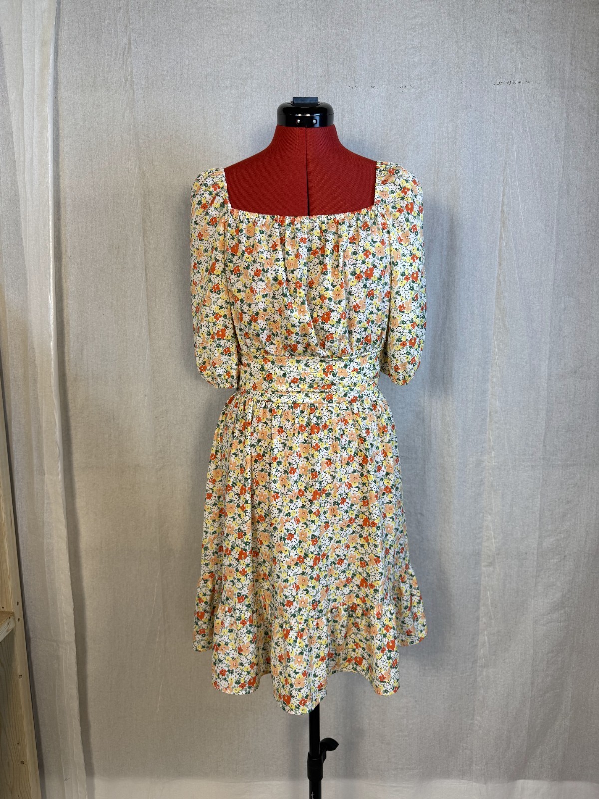 BTFBM Dress Size M Midi 3/4 Sleeve Floral Adjustable Waist Back Tie Boho D652