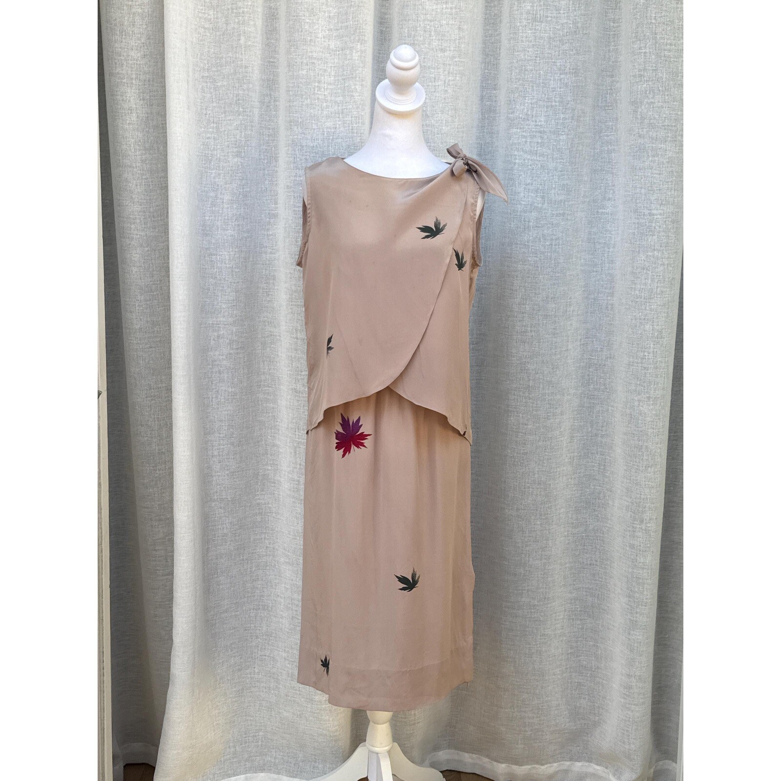 Don Wolf mauve fall leaves silk sleeveless wrap top blouse midi skirt ensemble