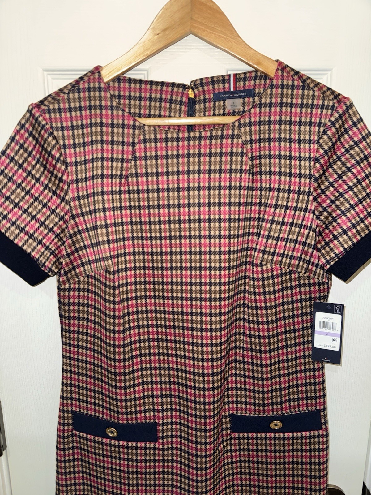 Tommy Hilfiger Houndstooth Shift Dress Plaid Pink Navy Tweed Knit NWT Size 6
