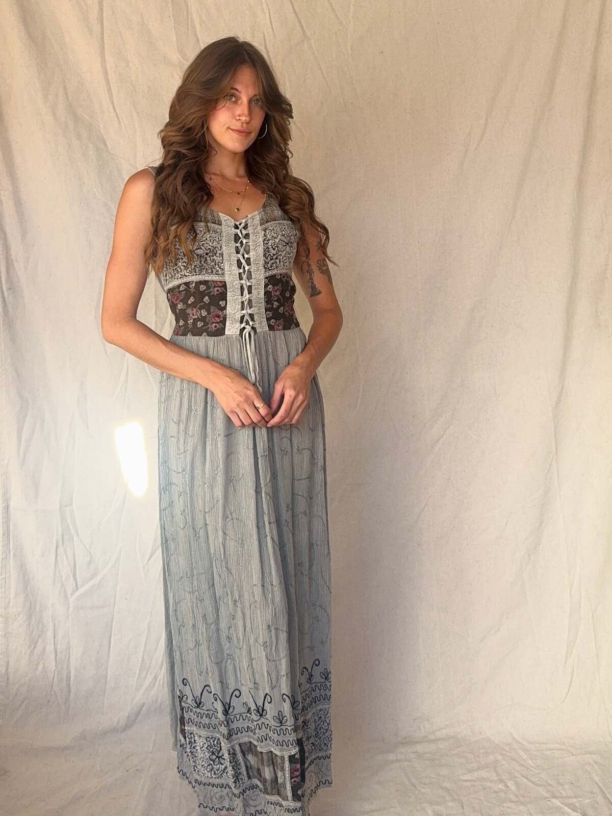 90s Grey Patchwork Whimsigoth Embroidered Fairy Maxi Dress