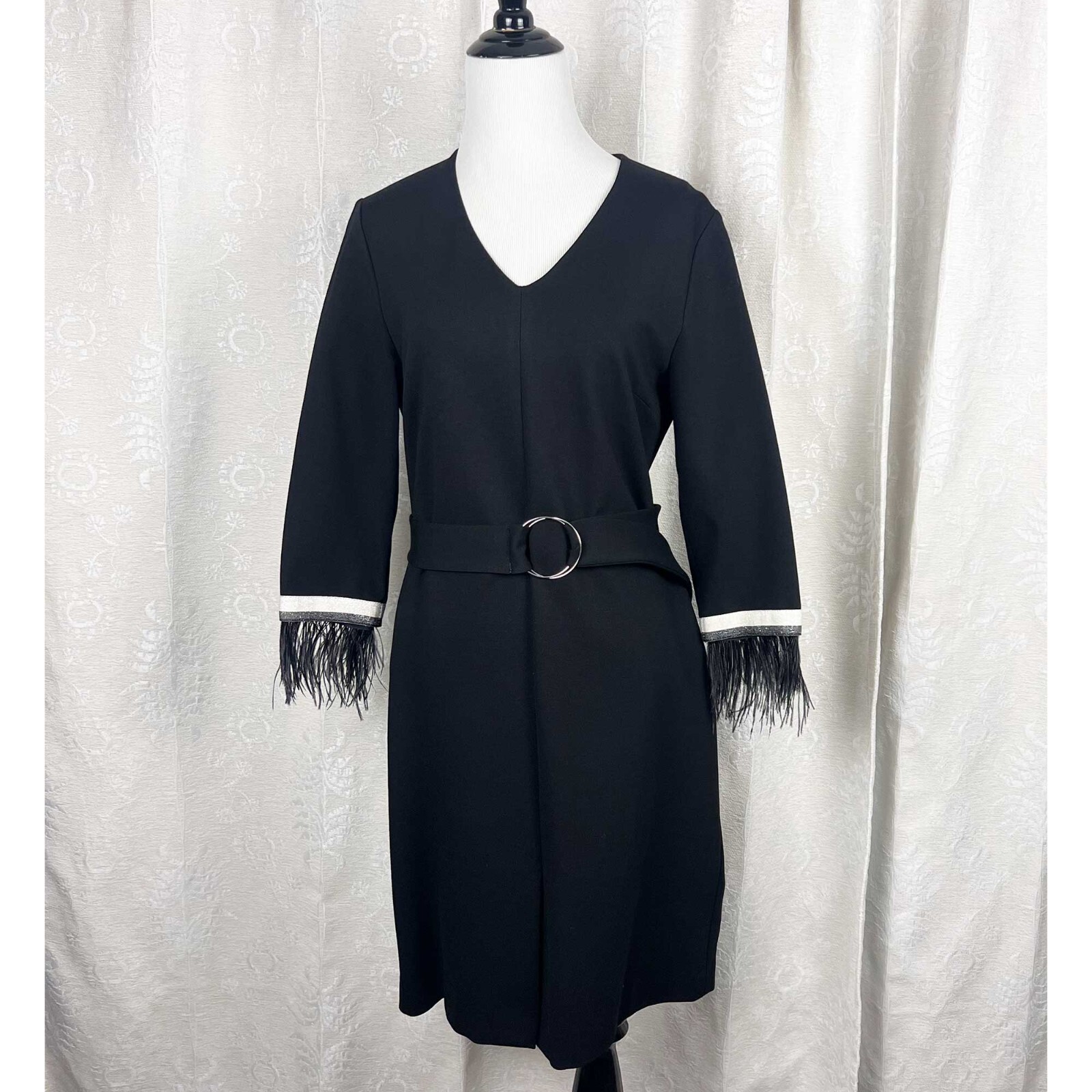 Vilagallo ostrich feather removable cuff ponte dress stretch jersey d-ring belt