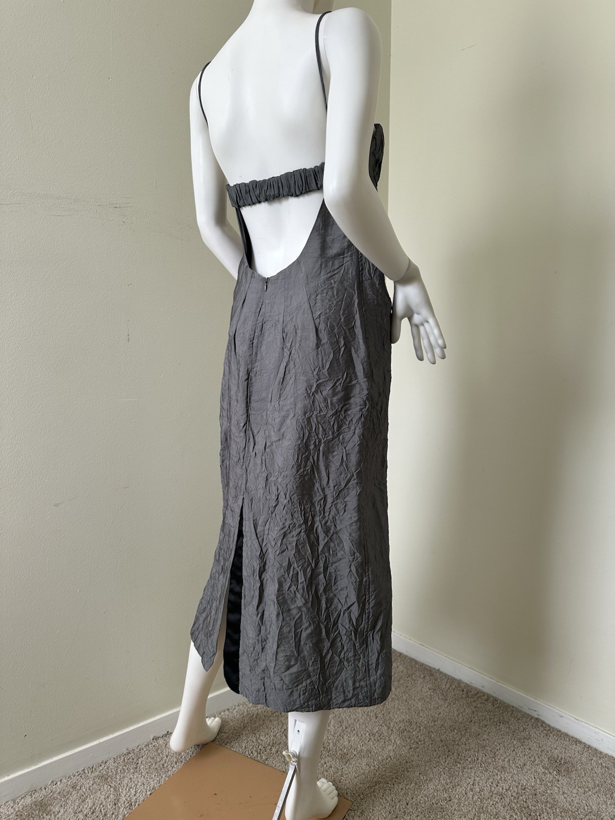 Zara : Ruched Midi Slip Dress Viscose Polyamide Strappy Sleeves Backless Lined