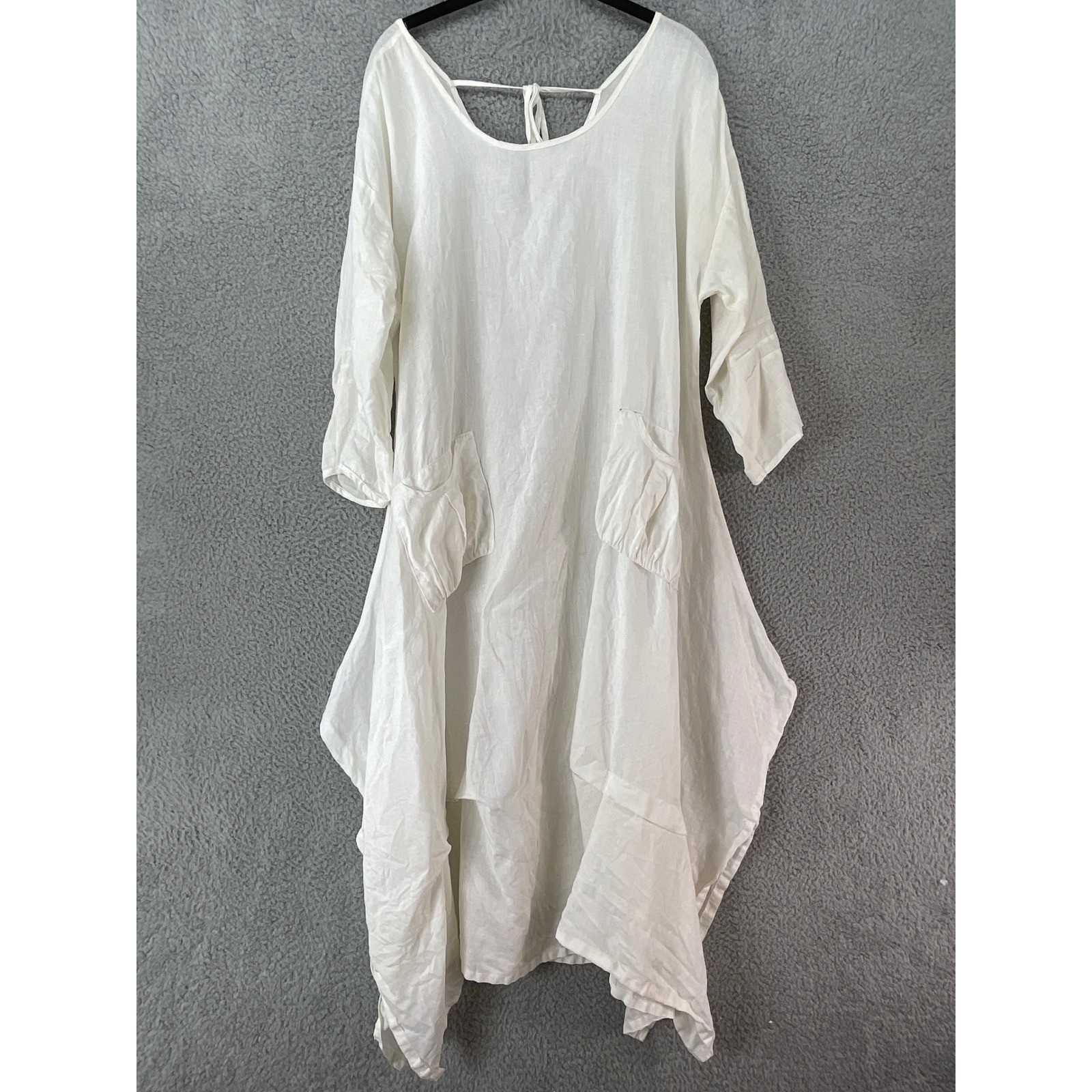 IC Linen Handkerchief Hem Tunic Dress Womens L White Good Lagenlook Pockets Boho