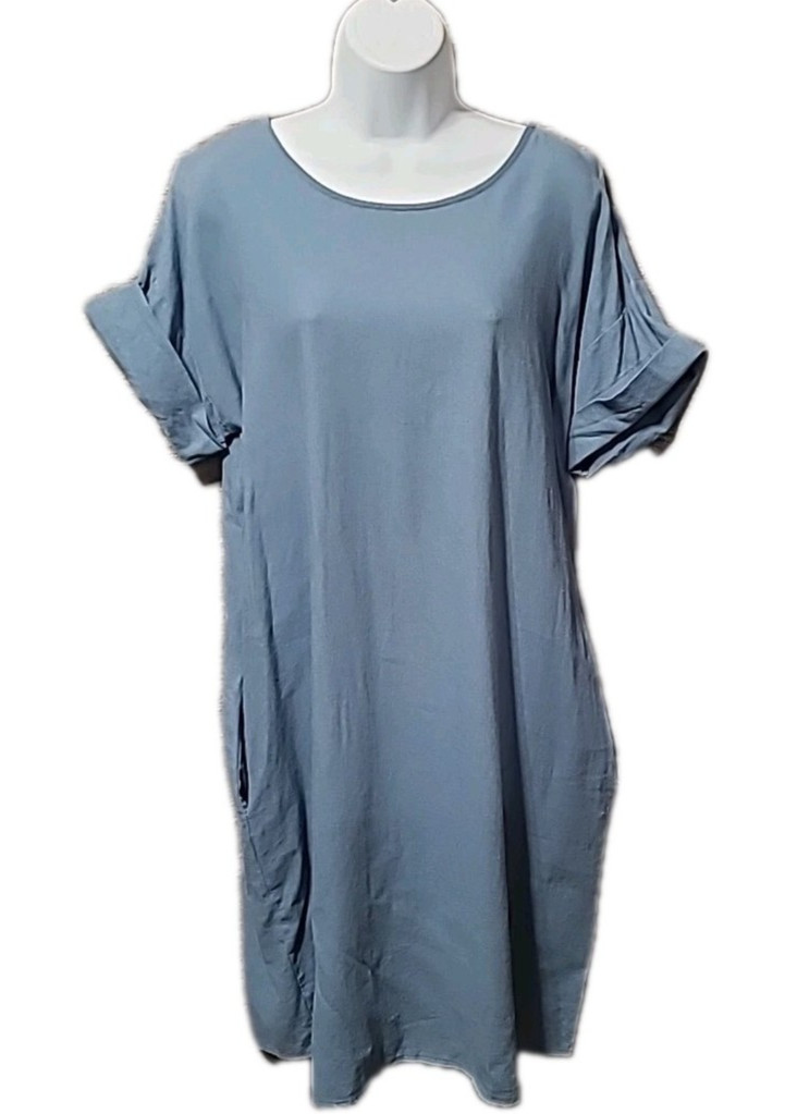 Womens Dress M Cuffed Short Sleeve Linen Blend Blue Pockets Knee Blue Lagenlook