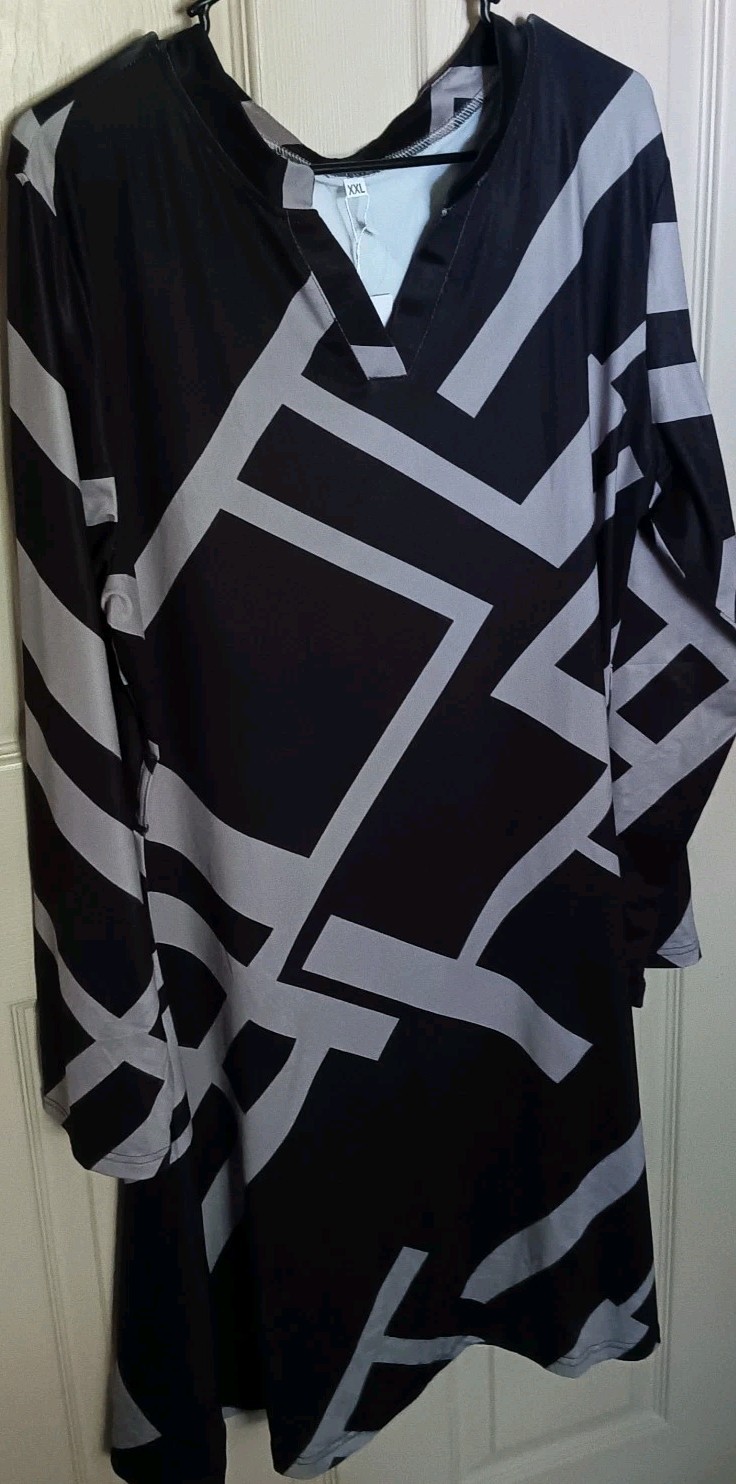 Black White & Gray Geometric V-Neck Long Sleeve Shift Knee Dress XXL with belt