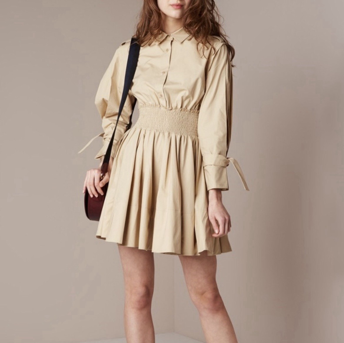 Maje Ralix Beige Tie-Cuff Long Sleeve Shirt Mini Dress Size 2