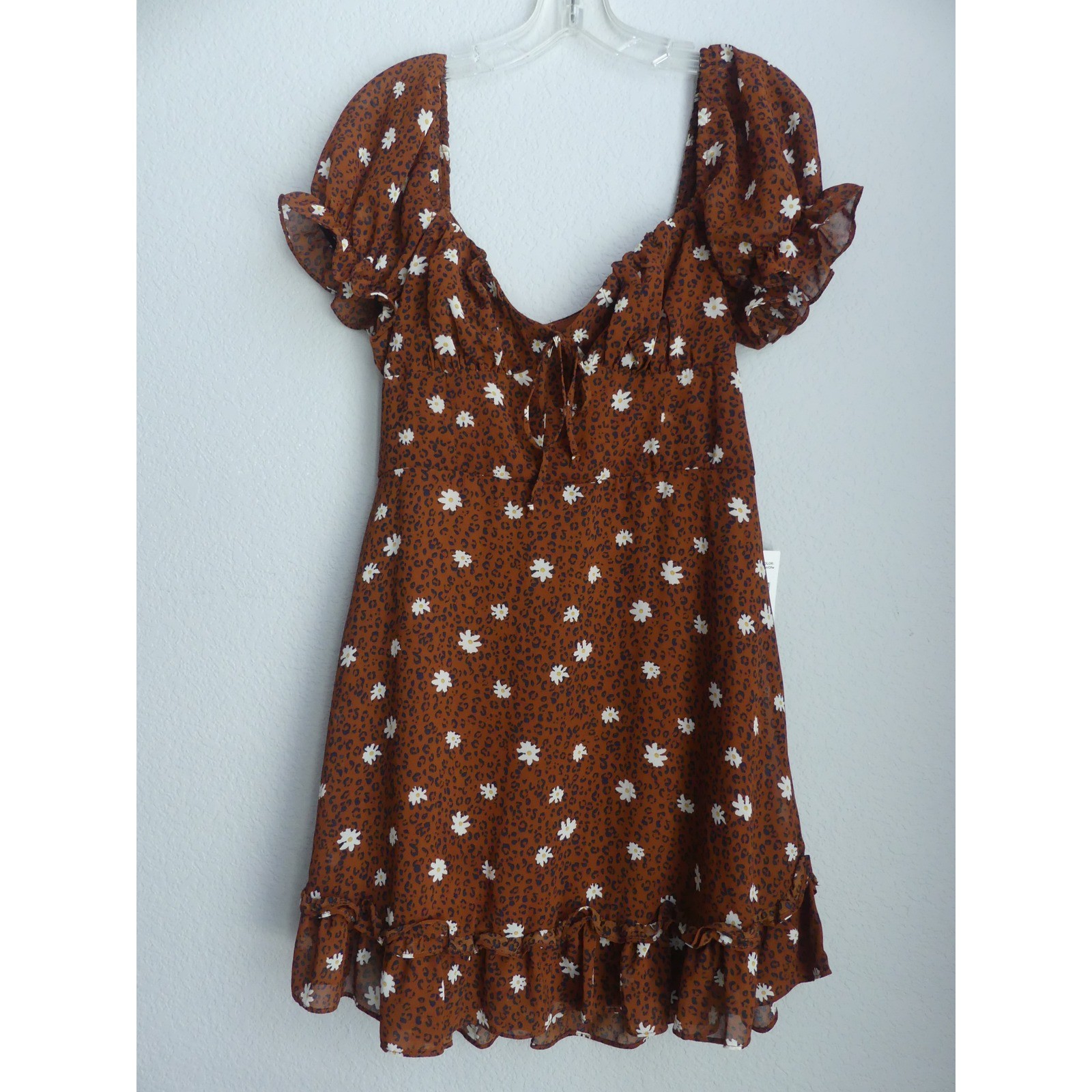 B. Smart Brown Leopard Daisy Print Mini Dress Size 13 NWT