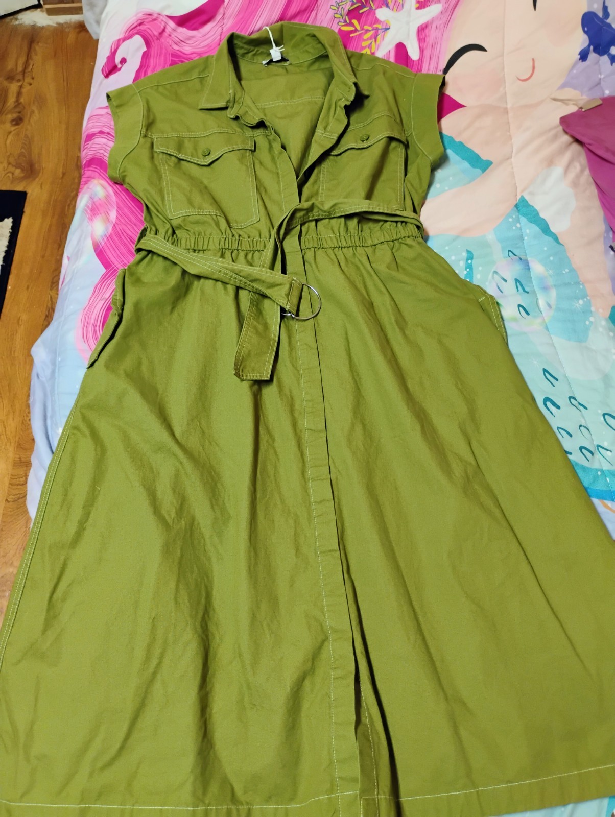 Green Solid Shirt Dress Midi Sleeveless Collared Button Belted Pockets Size M