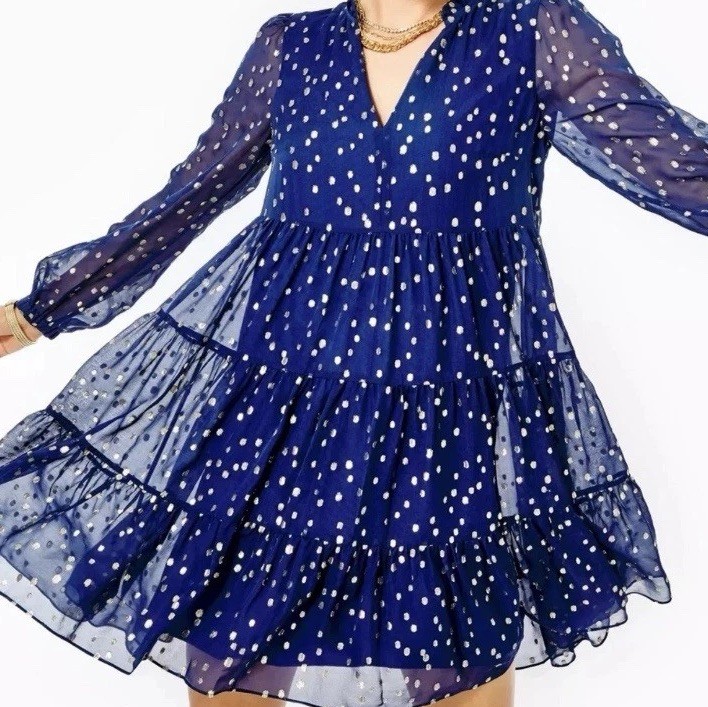 LILLY PULITZER Dress Size2 Sarita Silk Swing Dress Navy Gold Dots Holiday Party