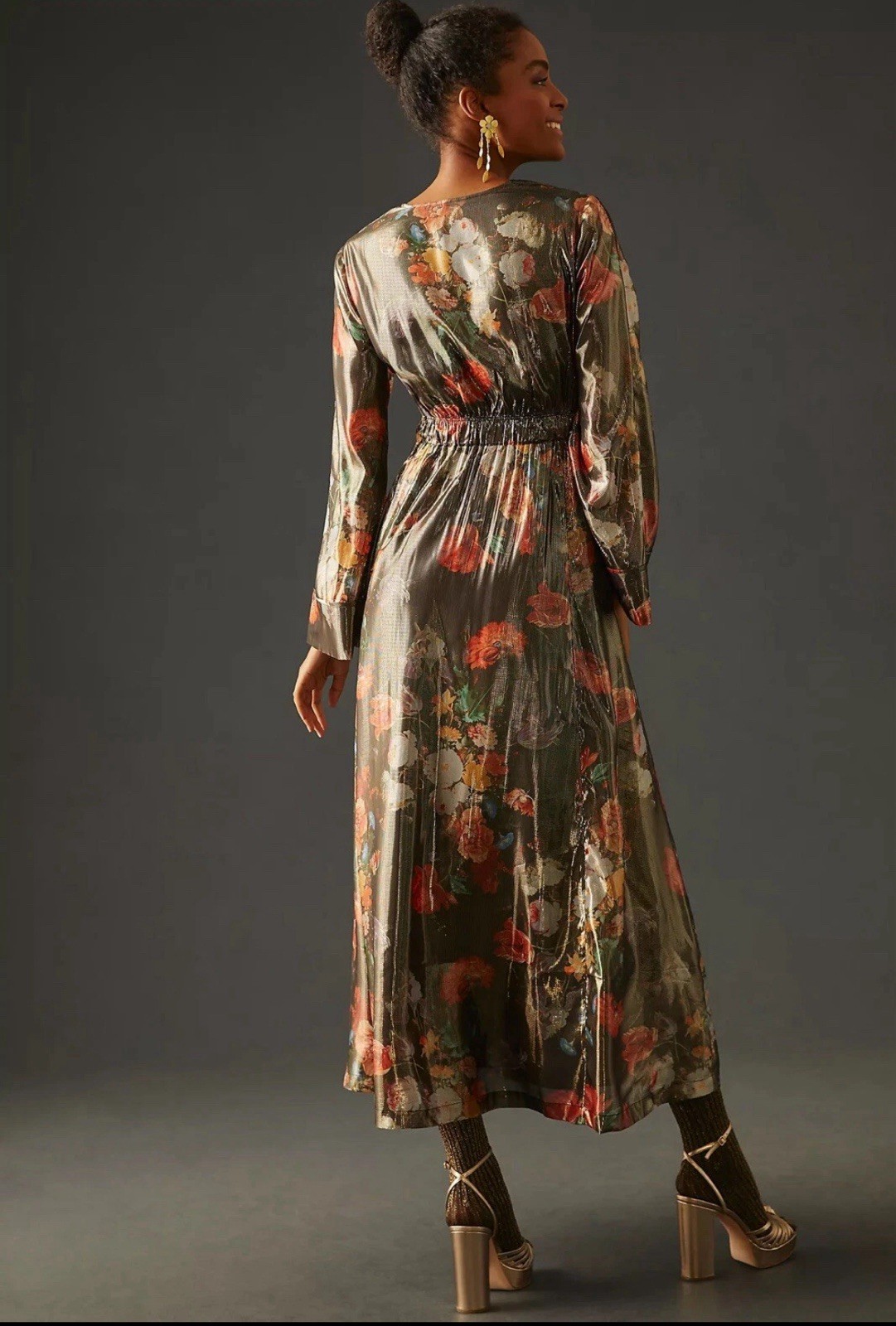 NWT Anthropologie Caballero Deep V Maxi Dress Large Floral Shimmer Fabric
