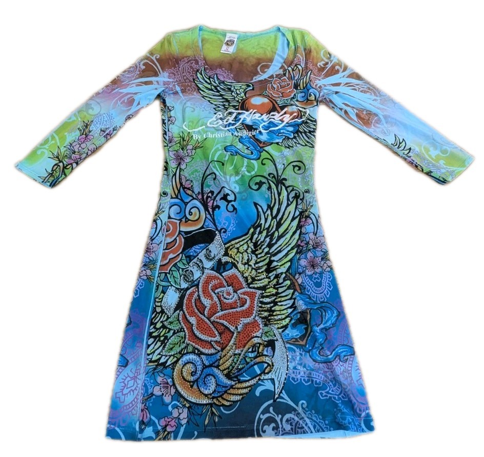 VTG Ed Hardy Christian Audigier Rhinestone Dress Medium Y2K Rose Tattoo Graphic