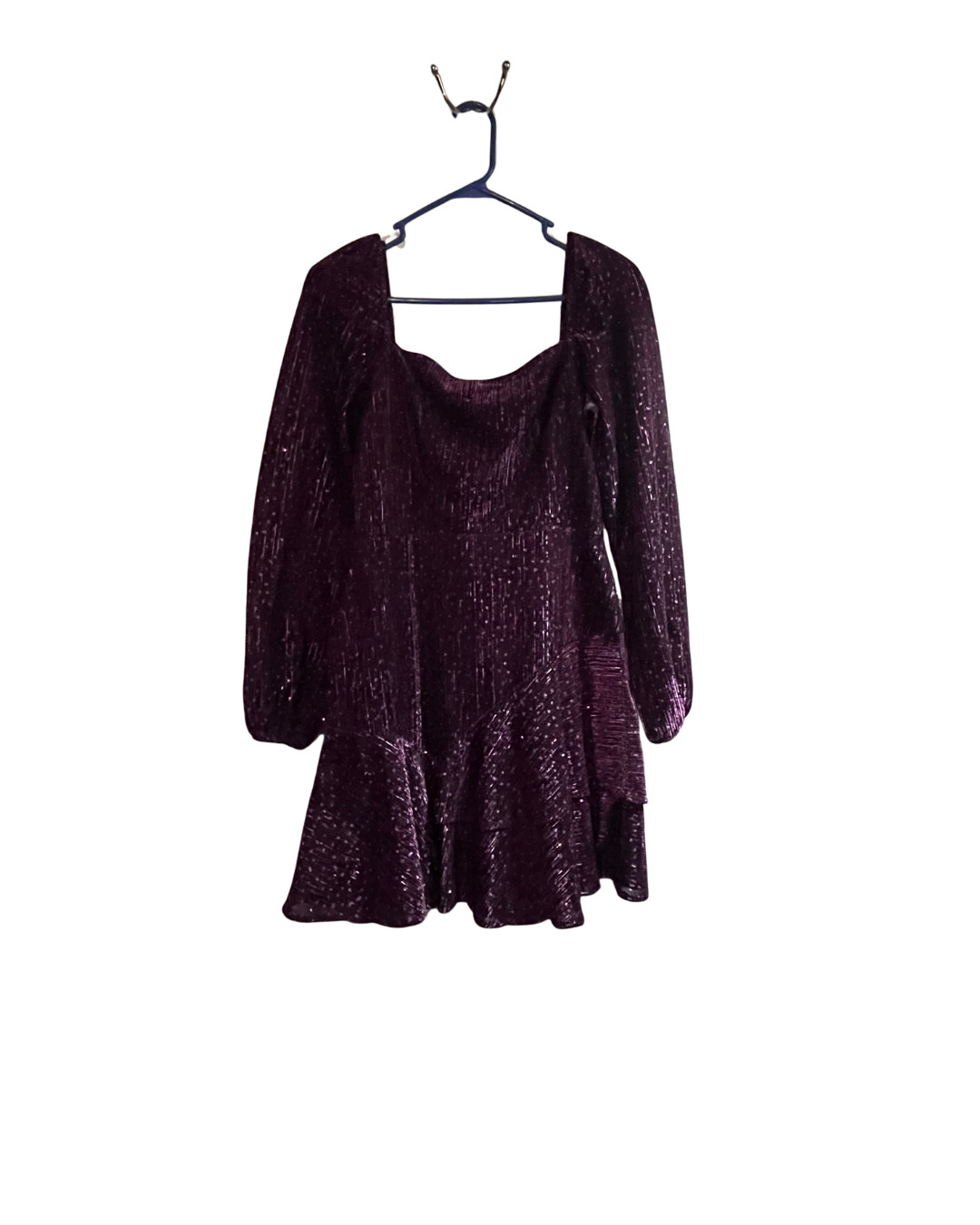 For Love & Lemons Purple Metallic Mini Dress Size 7 Long Sleeve Party Dress