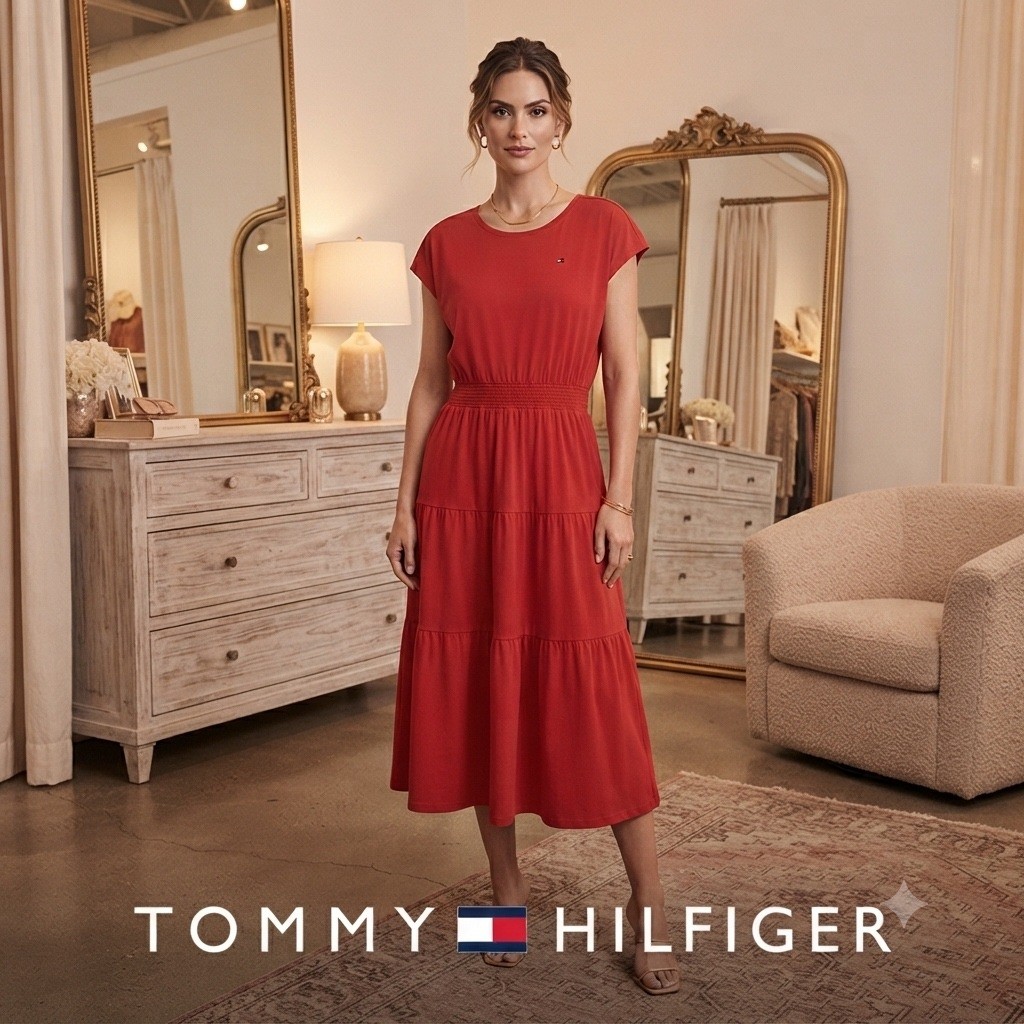 Tommy Hilfiger Large Nautical Midi Preppy Americana Coastal Elastic Tiered Dress