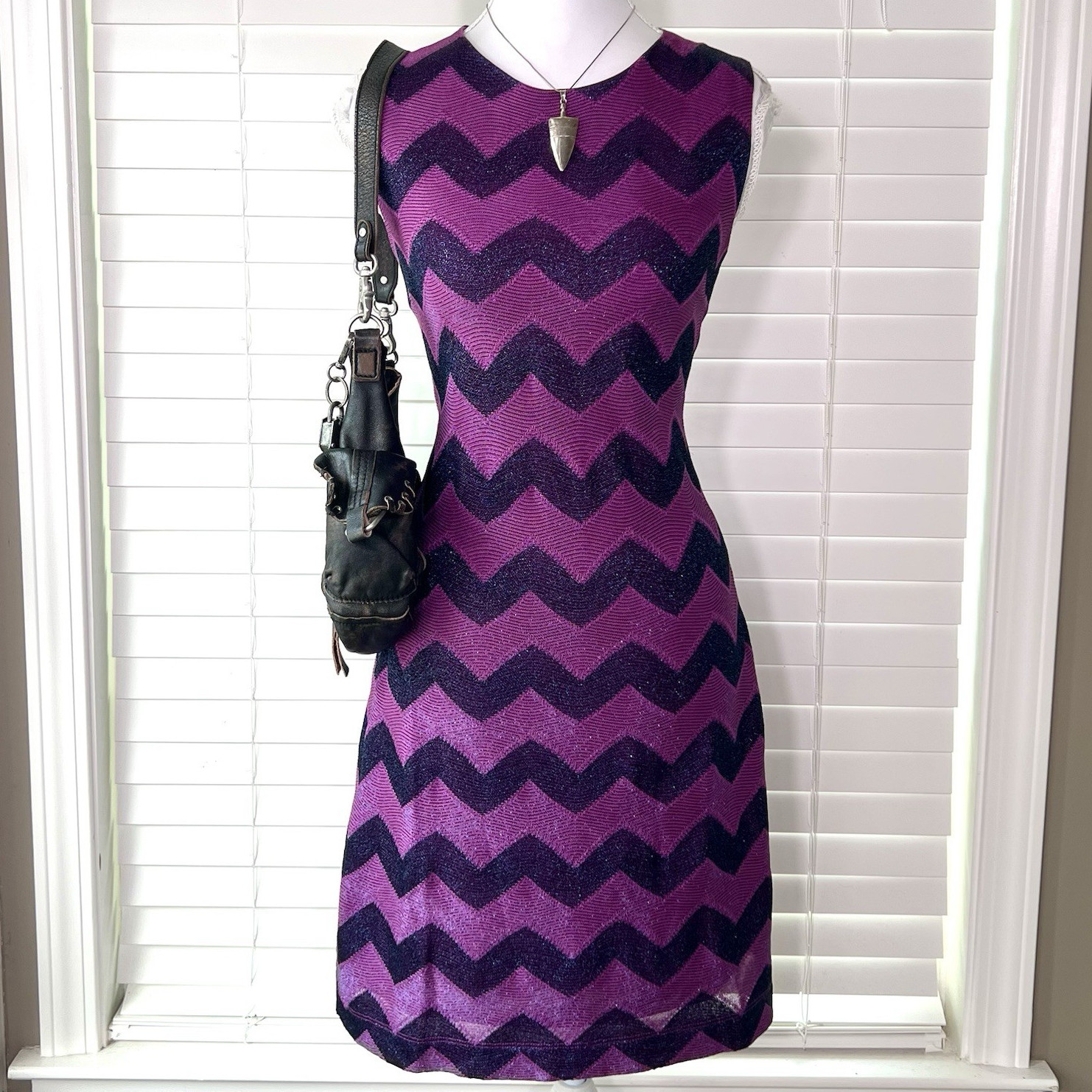 M Missoni Purple Black Chevron Metallic Knit Shift Dress Round Neck Zip M