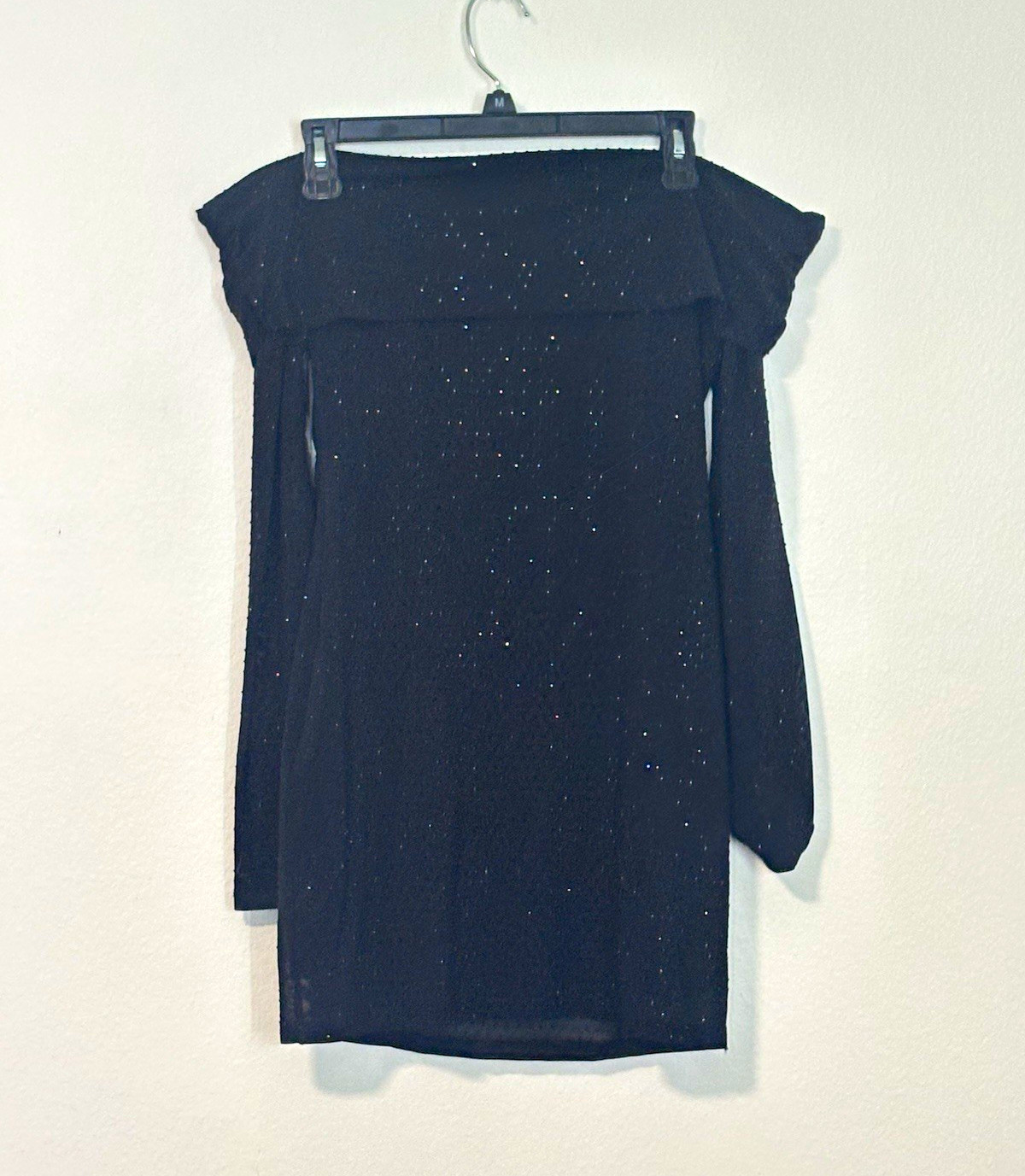 Fashion Nova Black Off Shoulder Sheer Mesh Rhinestone Bodycon Mini Dress L