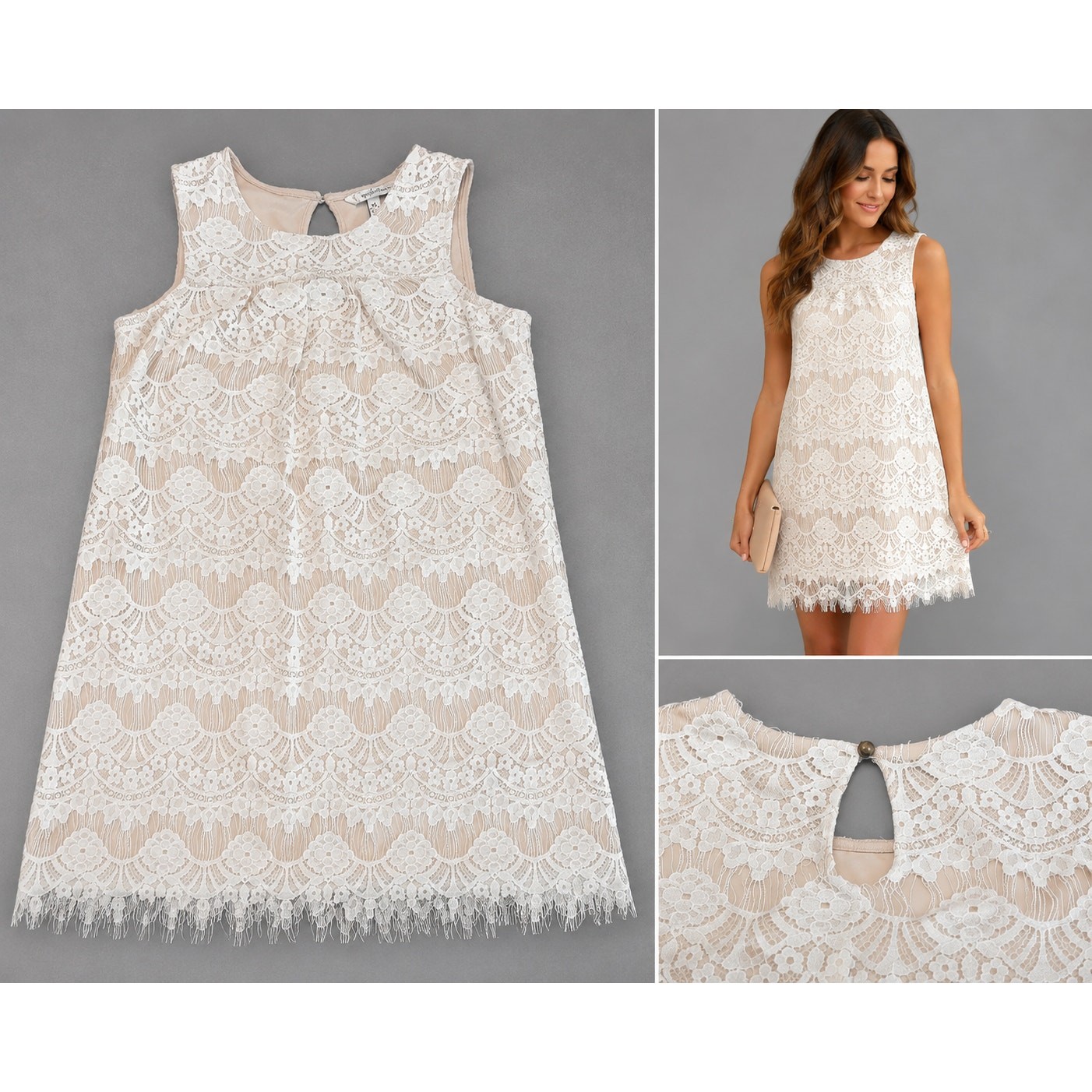 Speechless XS Cream Lace Sleeveless Mini Dress Fringe Hem Keyhole Back