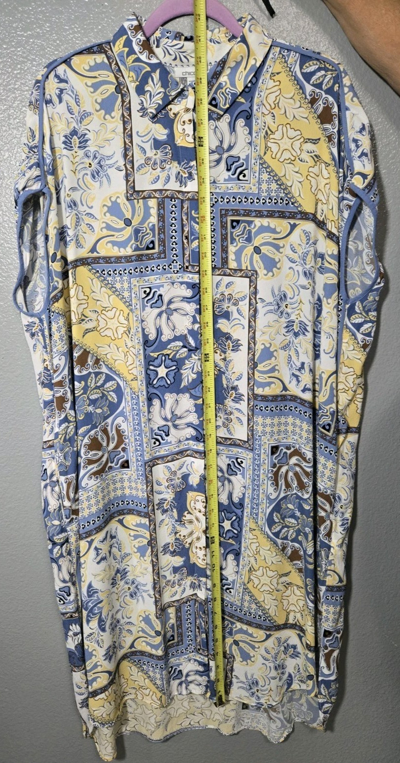 Chicos Floral Patchwork Knee Length Shirt Dress Blue White &Yellow Boho Chic