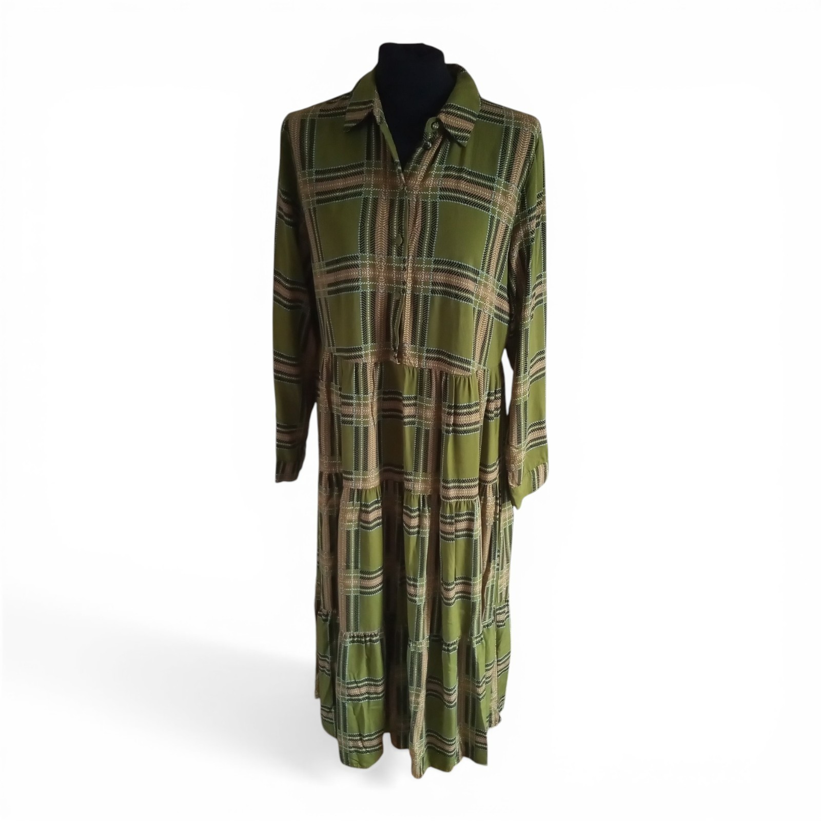 Numph Nucaprice Dress Green Check Plaid Viscose Tiered Midi UK 12 EU 38 Denmark