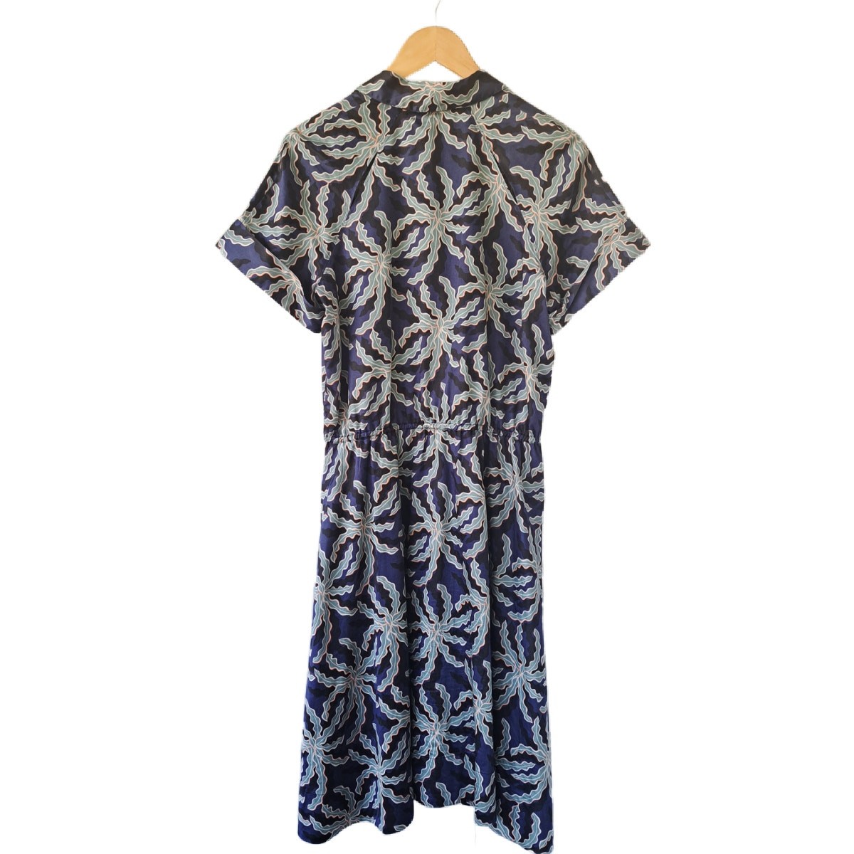 BROOKS BROTHERS Cotton Sateen Midi Shirt Dress Size 12 Blue Black Short Sleeve