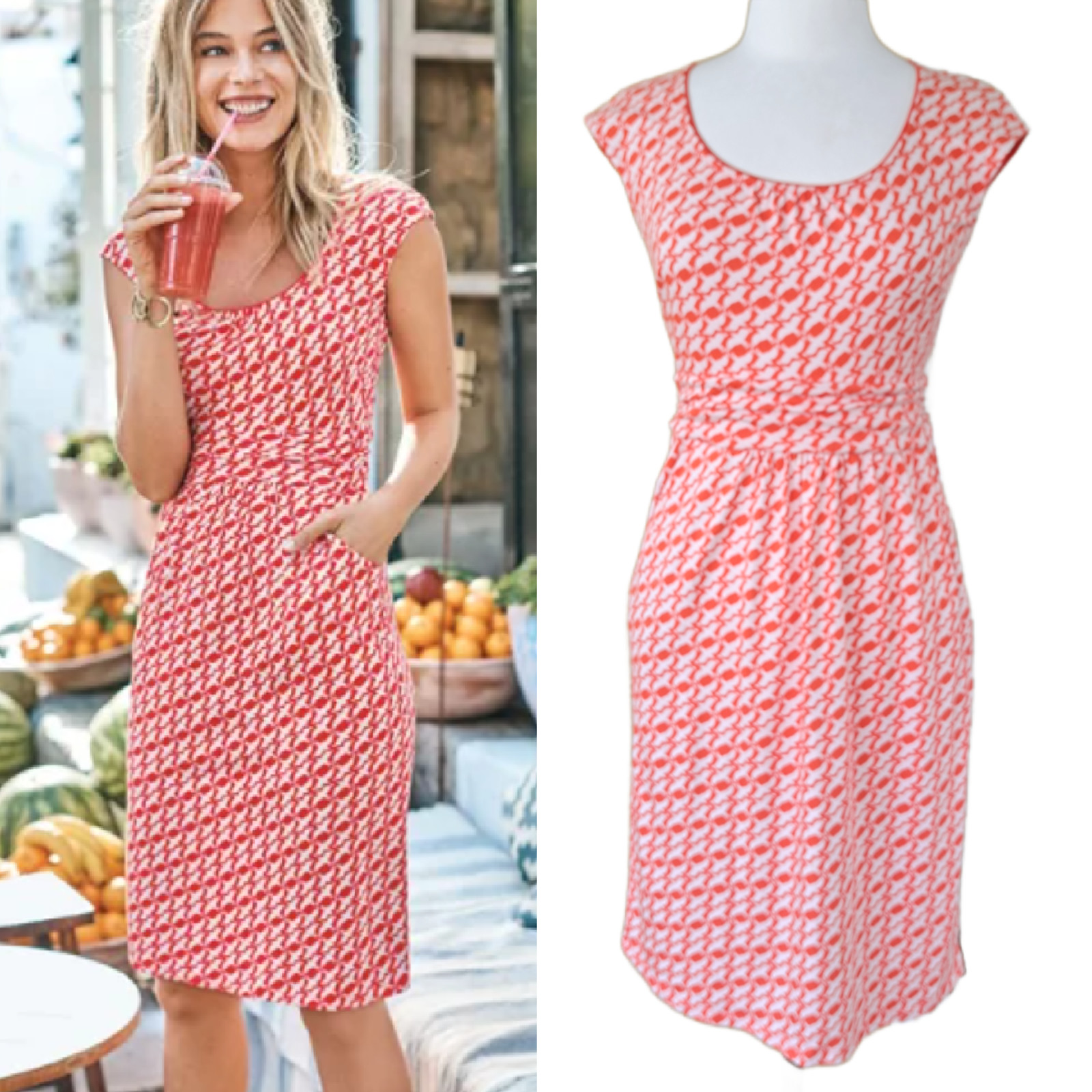 Boden Margot Cap Sleeve Jersey Dress Size 8P Orange & White Bird Print