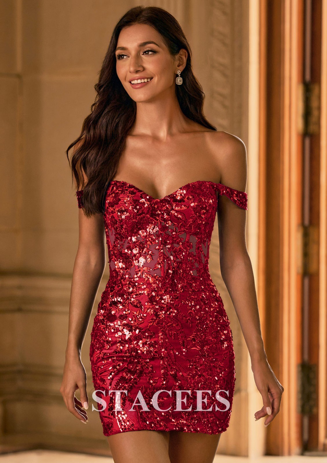 Stacees Red Off-Shoulder Sequin Lace-Up Dress with Sheer Corset NWT $138 Size 2
