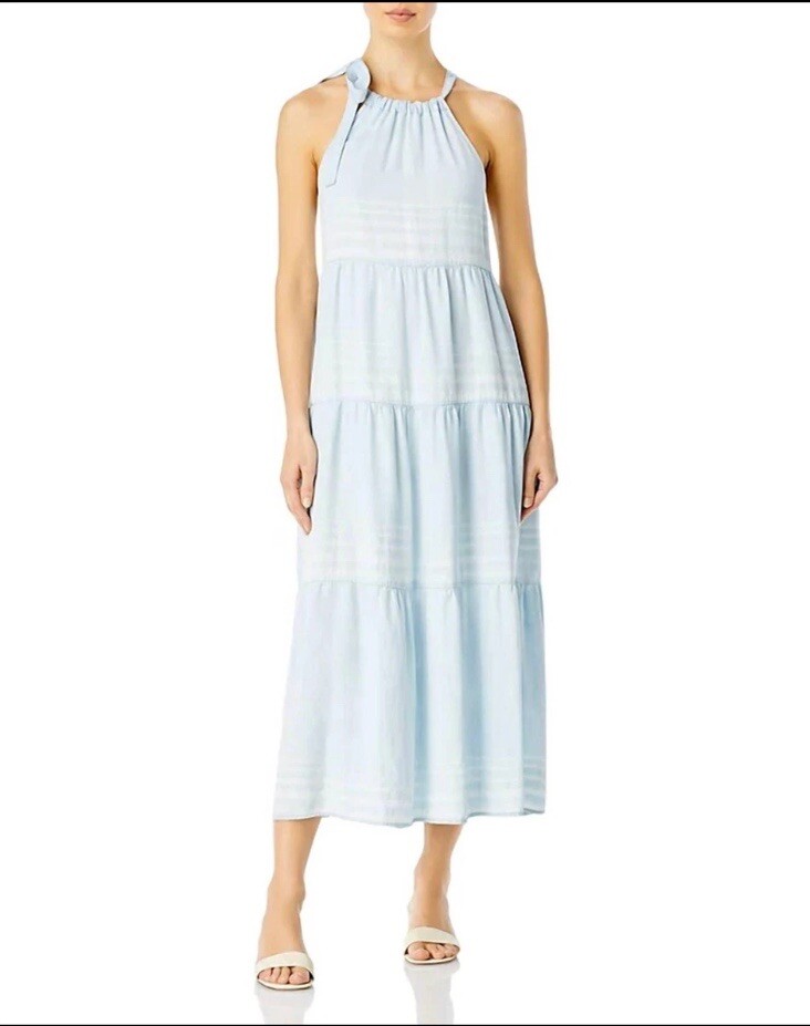 Bella Dahl Small Tiered Halter Midi Dress Amalfi Stripe Light Blue Summer