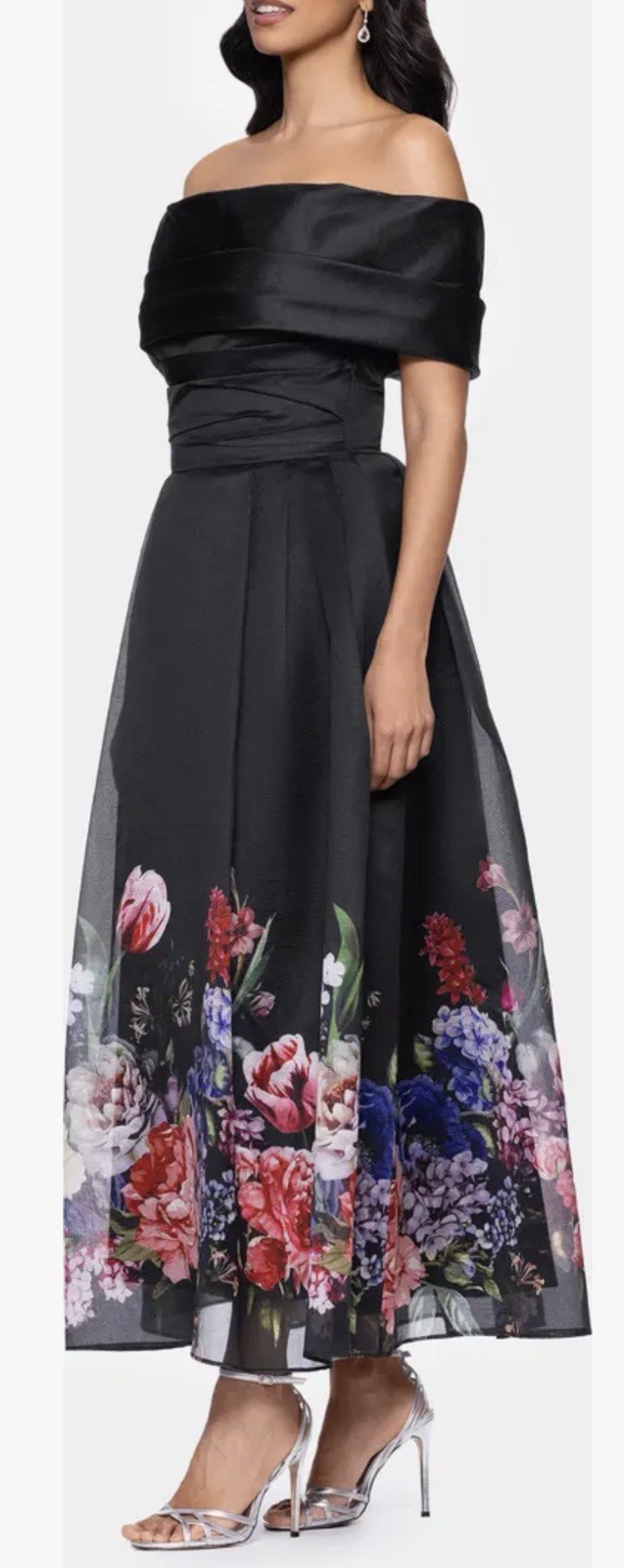 New Betsy & Adam Placed Floral Off the Shoulder Gown In Black/Red Size 4 $279