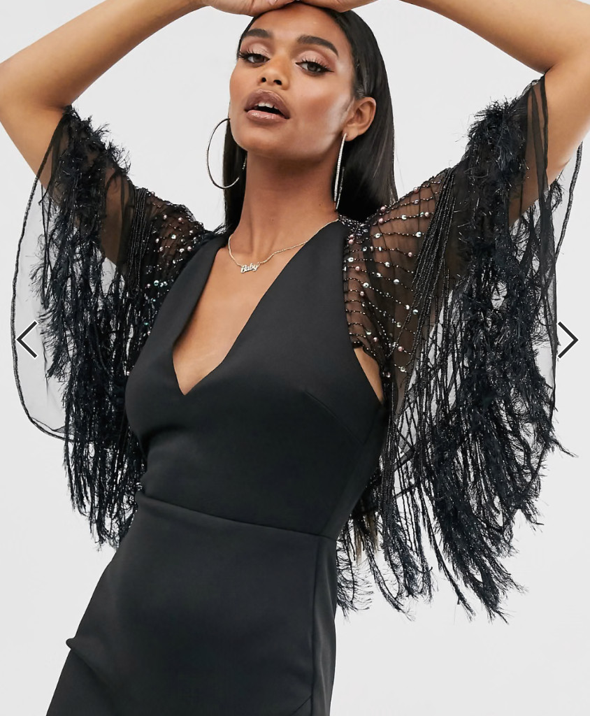 NWT ASOS DESIGN Black Faux Feather Beaded Cape Mini Halter Dress Sz 6