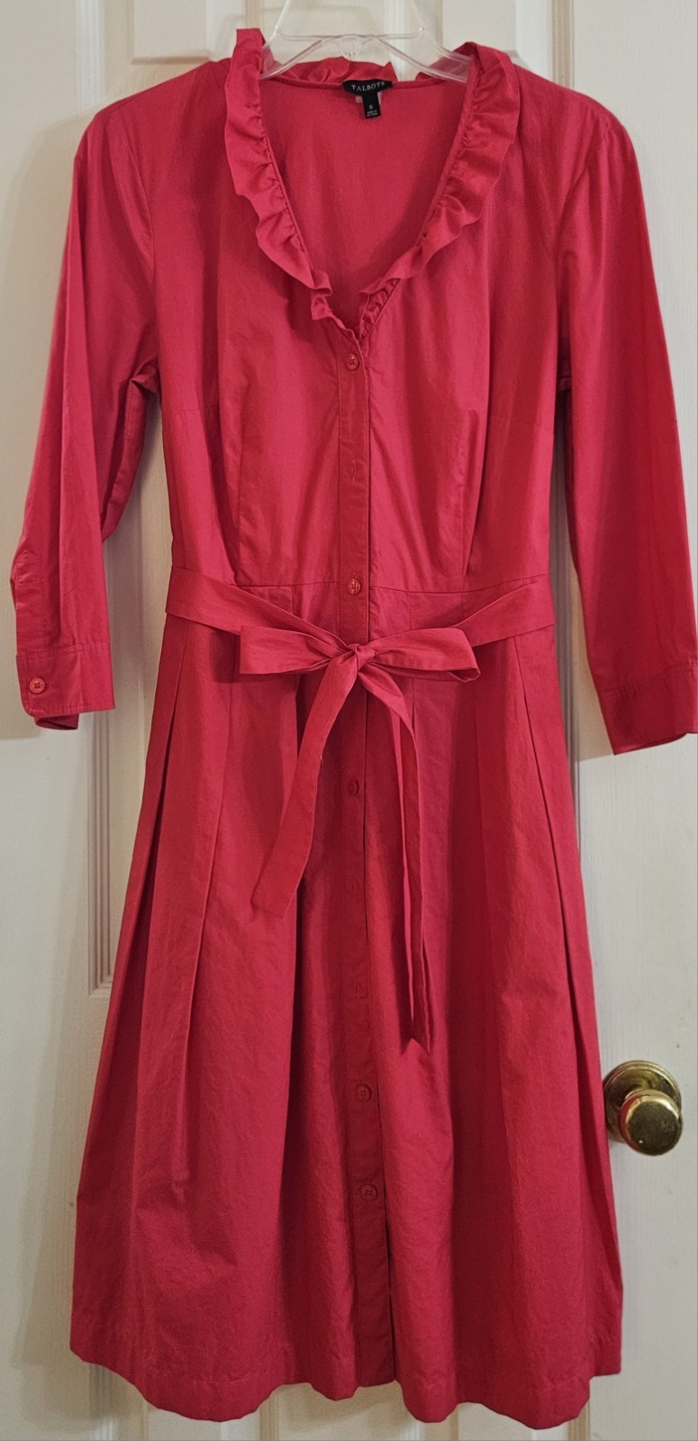 Talbots Belted Button Front Cotton Shirt Dress Ruffle Lined Sz. 6 Raspberry