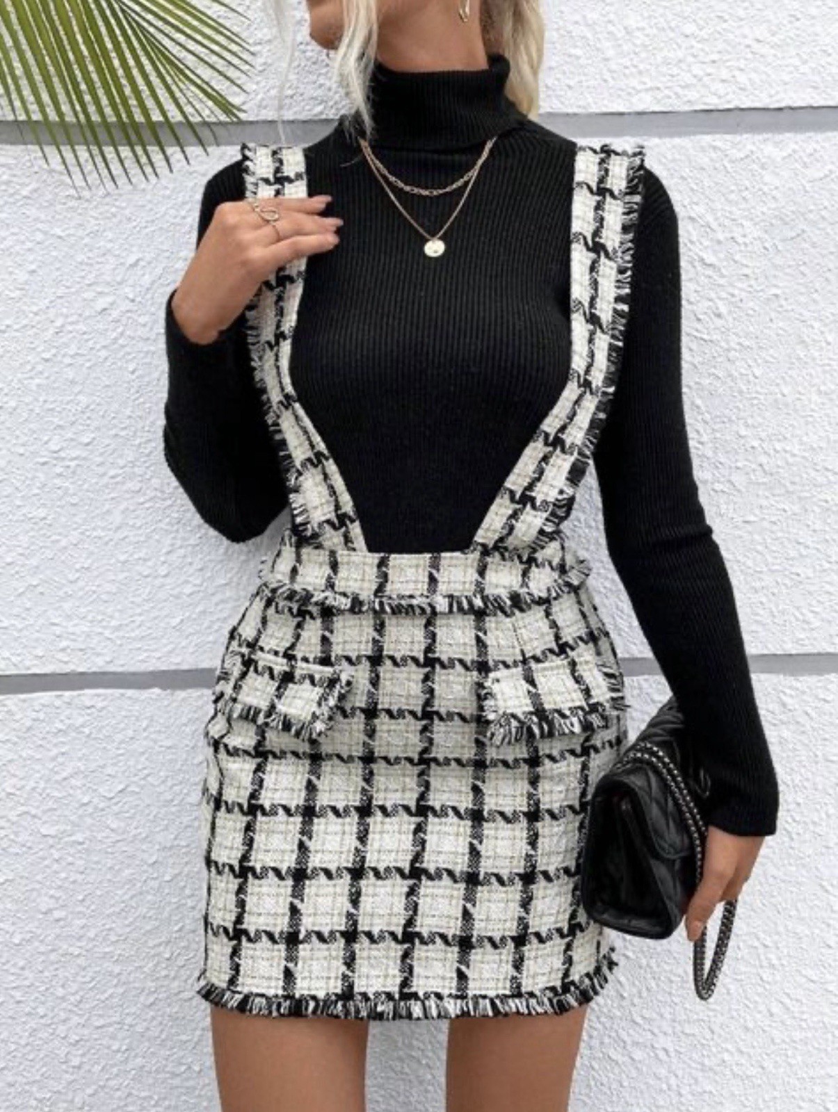 Seven7 Tweed Suspender Mini Skirt NWT Women’s Large Black White Plaid Fringe Y2K