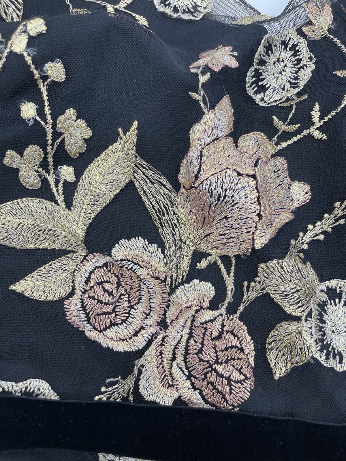Marchesa Notte Floral Embroidered Gown Black Gold Pink Sheer Cape Sleeve Size 10