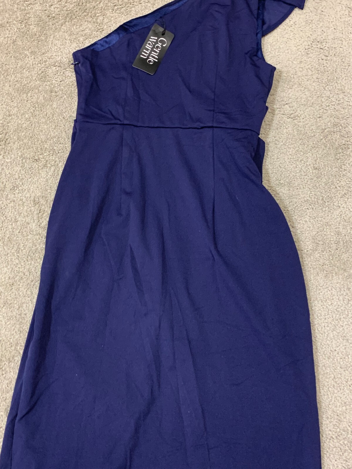 Gentle Warm Navy Dress Womens Size Large One Shoulder Front Slit Stretch Classic