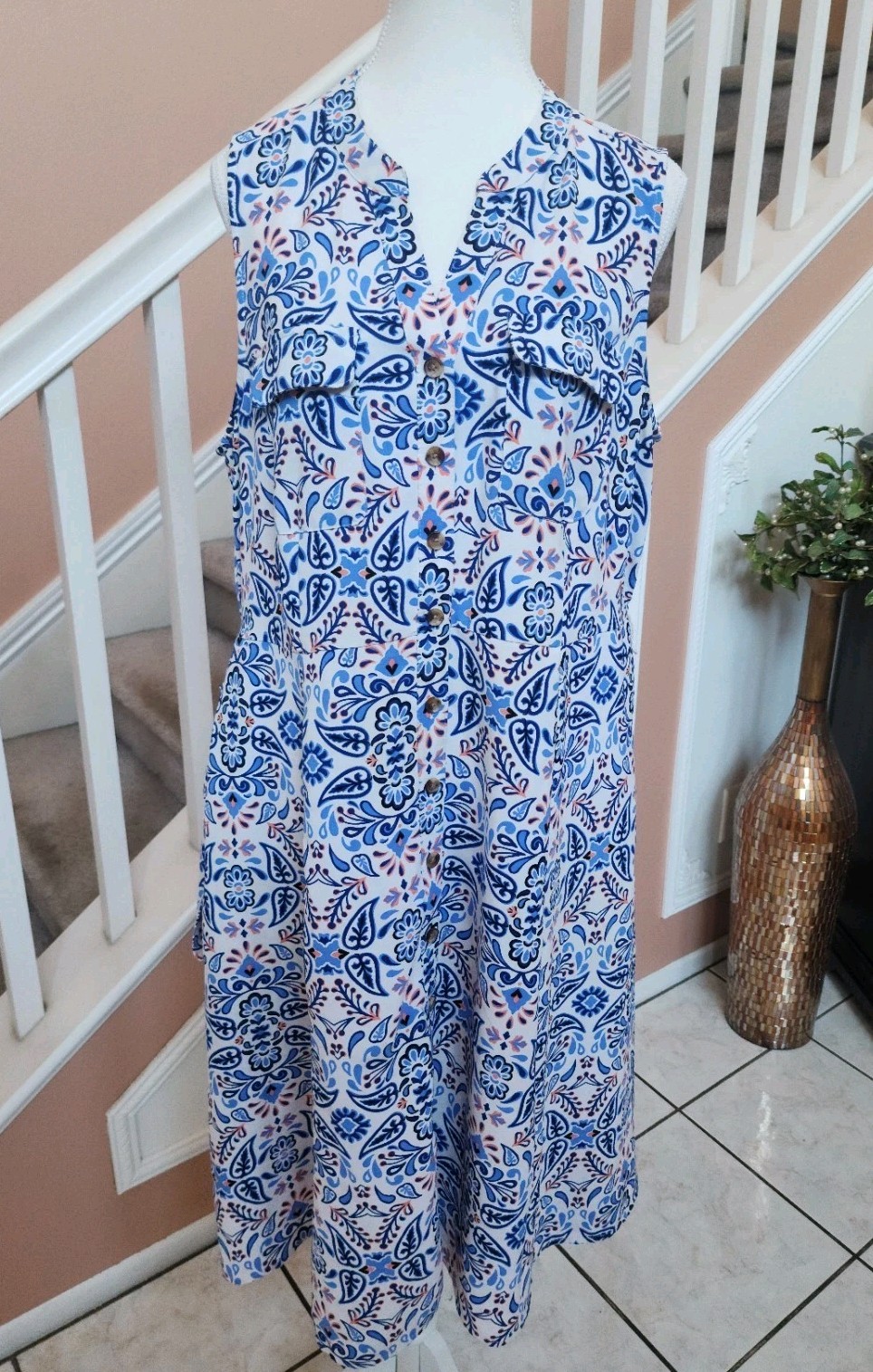 NWOT CROFT & BARROW Blue Floral Notch Neck Belted Sleeveless Shirt Dress Sz PXL