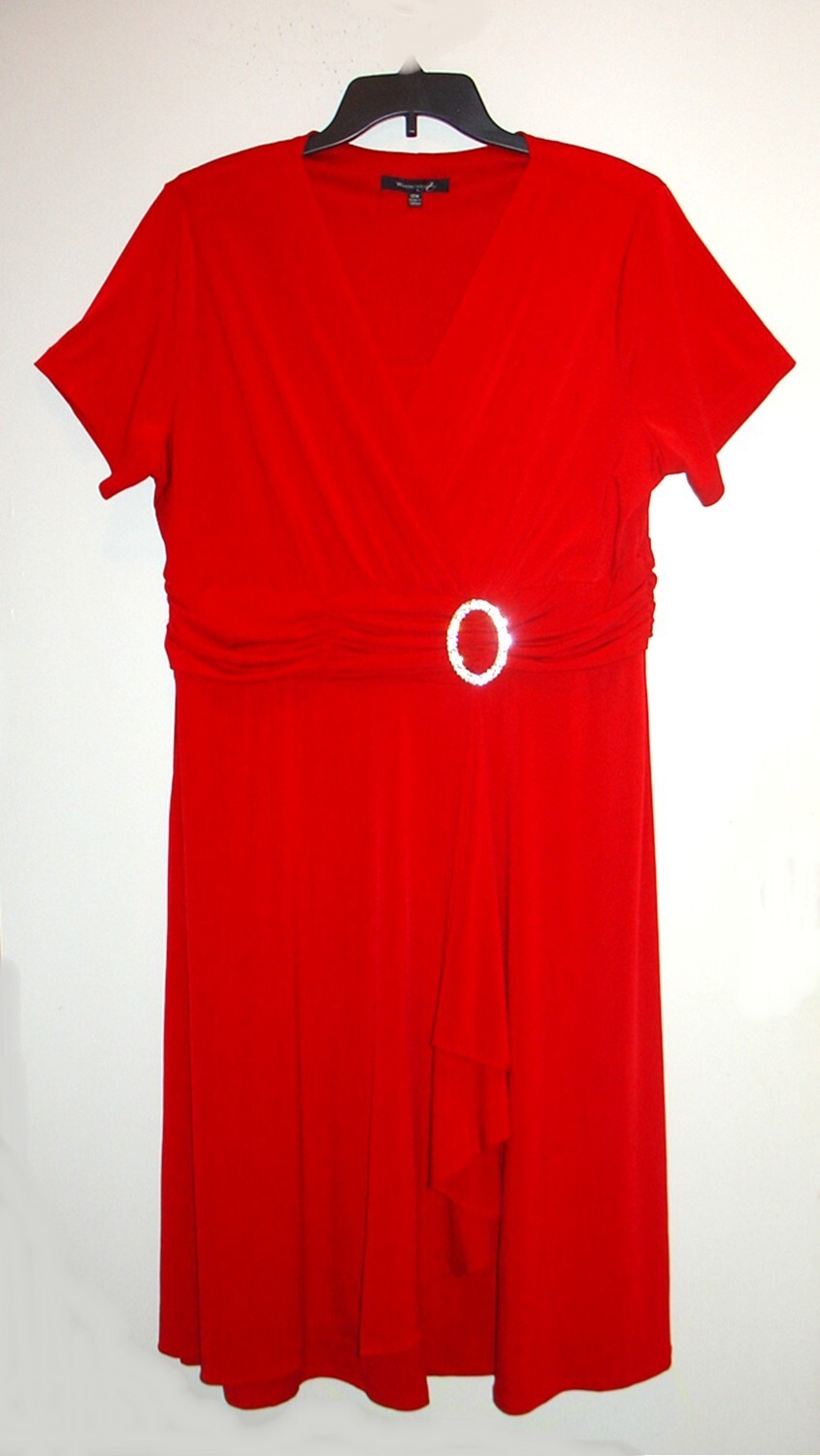 WARDROBE A~ Red Faux Wrap Dress Size 18 Cascading Rhinestones (ALTERED OVAL)