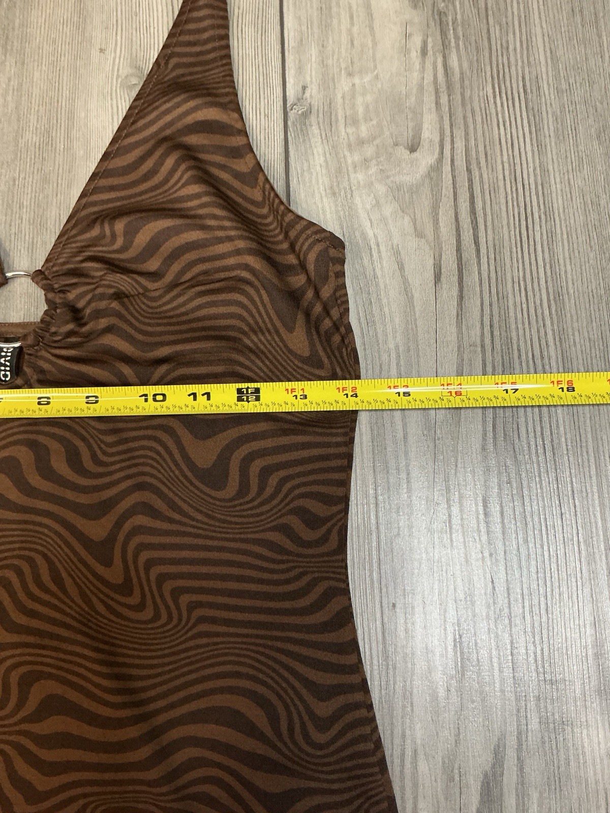 Y2K Brown Swirl Print Halter Mini Dress O-Ring Keyhole Bodycon Backless Club