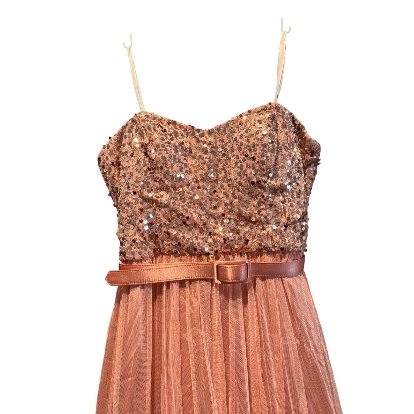 Xscape Rose Gold Sequin Tulle Strapless Gown Formal Prom Evening Dress Pink 10