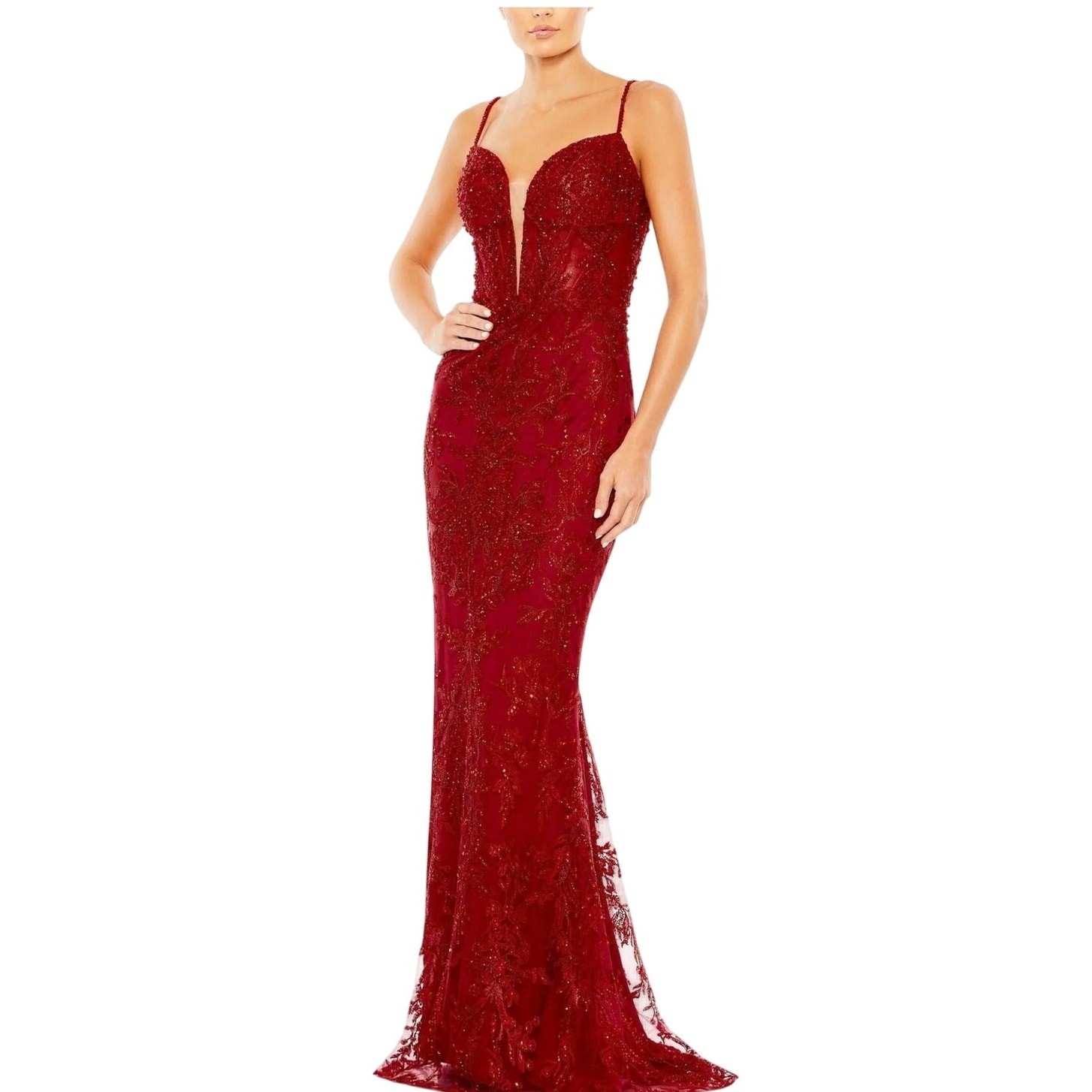 Mac Duggal 20330 Red Evening Gown Beaded Lace Sleeveless Mermaid Dress Size 6