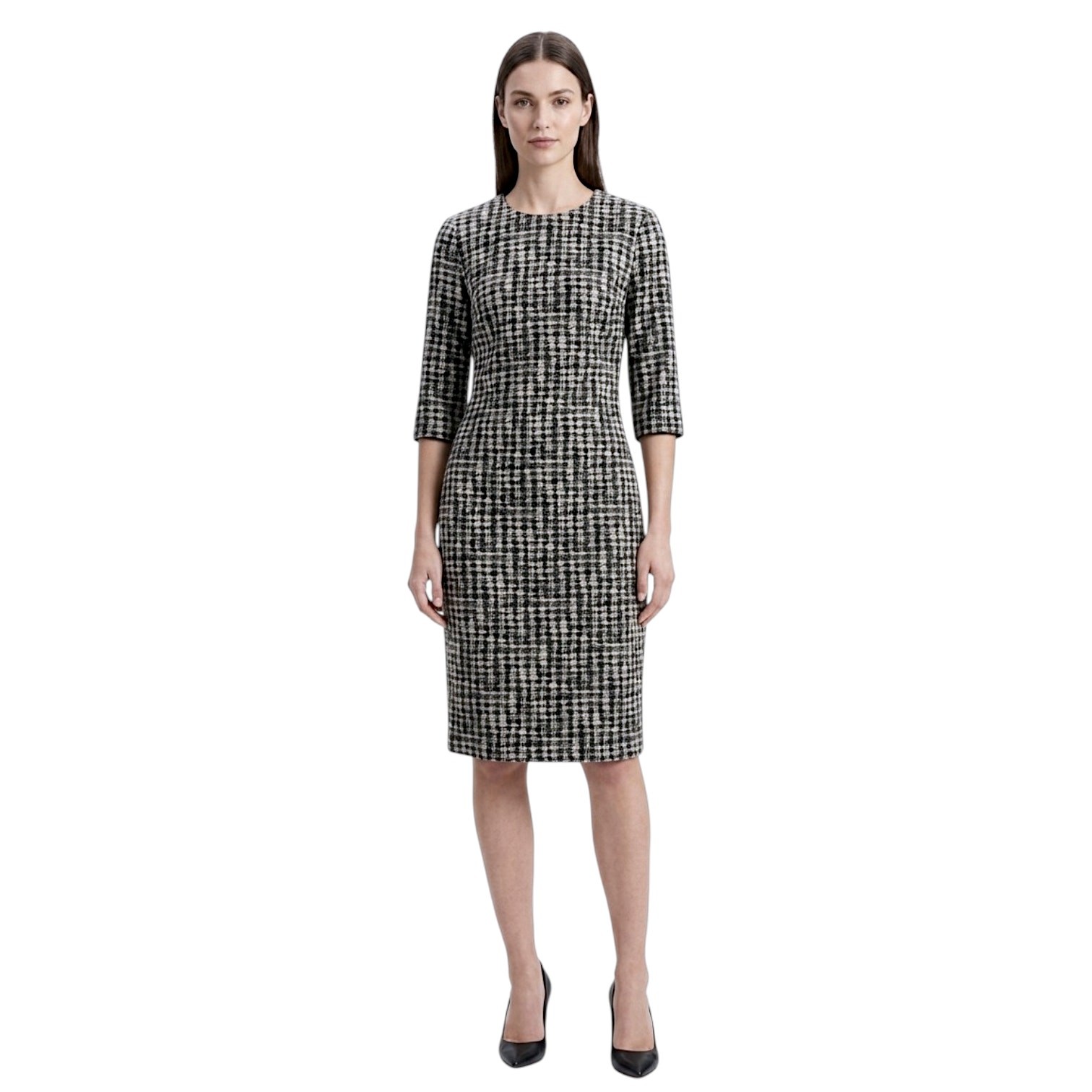 Hugo Boss Black White Polyester Cotton Fitted Career Sheath Dress | Size 0