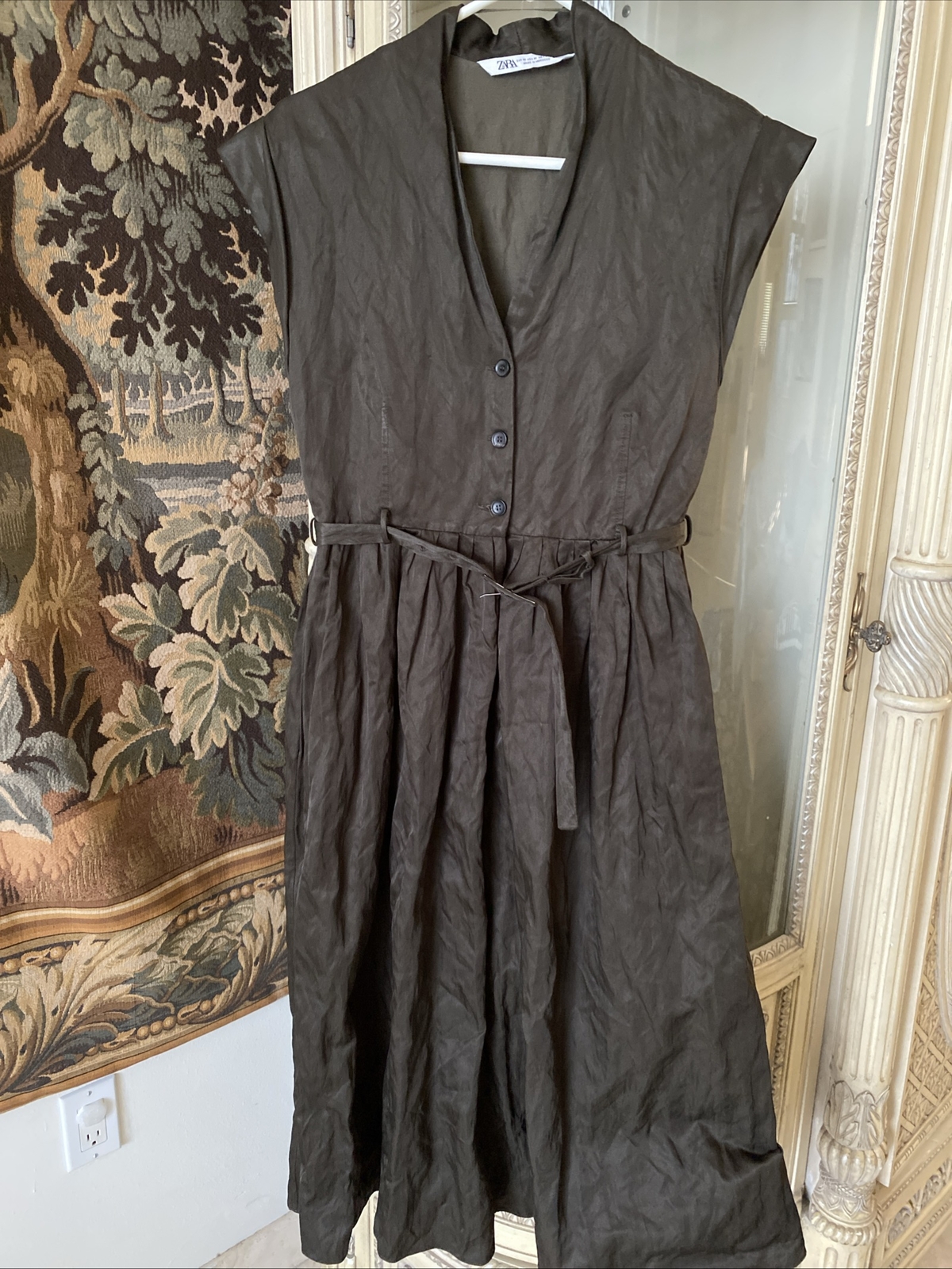 ZARA $129 WOMAN SS24 BELTED SHIRTDRESS ZW COLLECTION KHAKI SZ M
