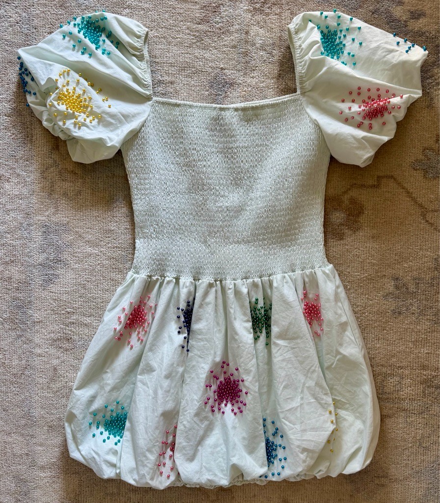 QOS Queen of Sparkles Mint Smocked Rainbow Beaded Burst Bubble Dress Medium M