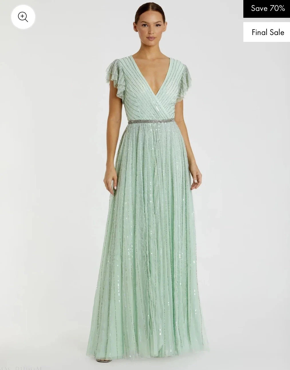 NWT Size 2 – 5502 Mac Duggal Sequined Wrap Over Ruffled Cap Sleeve Gown Seamist