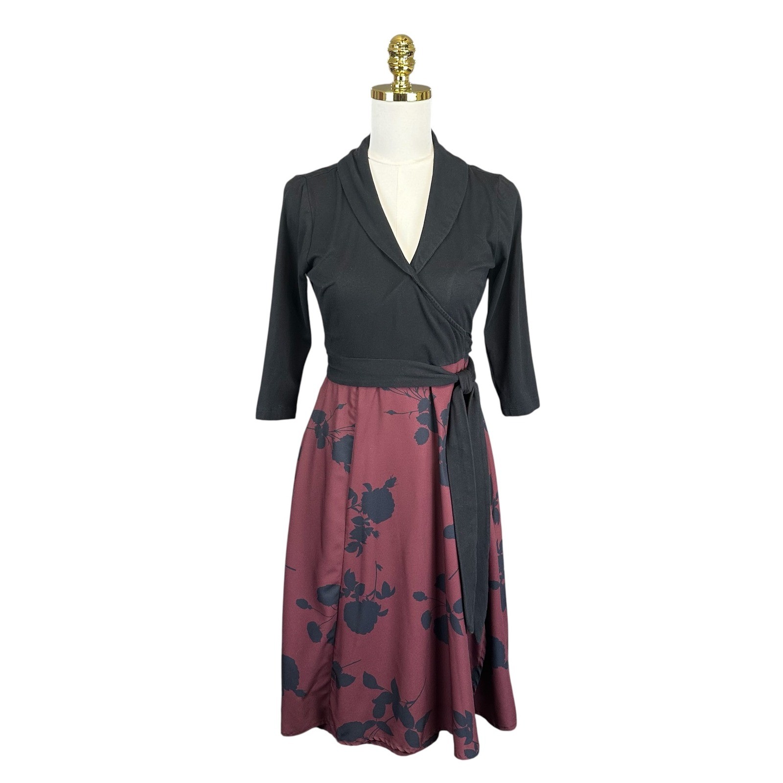 eShakti Floral Wrap A-Line Midi Dress Pockets Sz 8 Black Burgundy Dark Academia