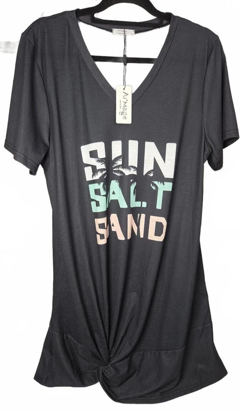 A-Niage Black V-Neck T-Shirt Dress with Front Knot and Graphic Print